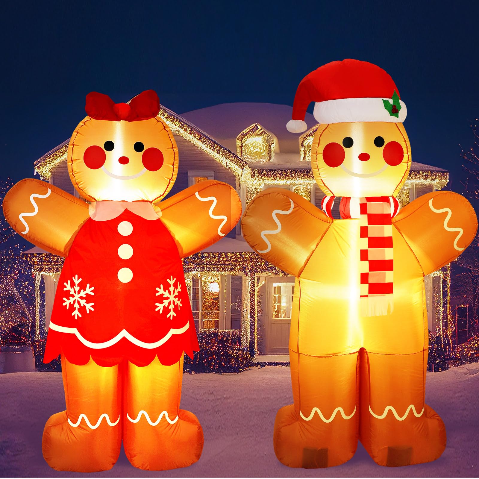Ceenna front view of gingerbread couple showing festive LED glow and curb appeal