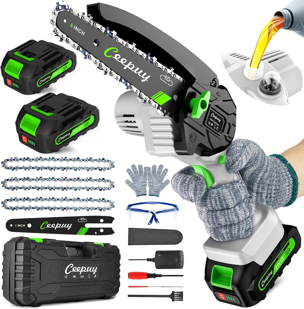 CEEPUY mini chainsaw front view showing compact design and balance