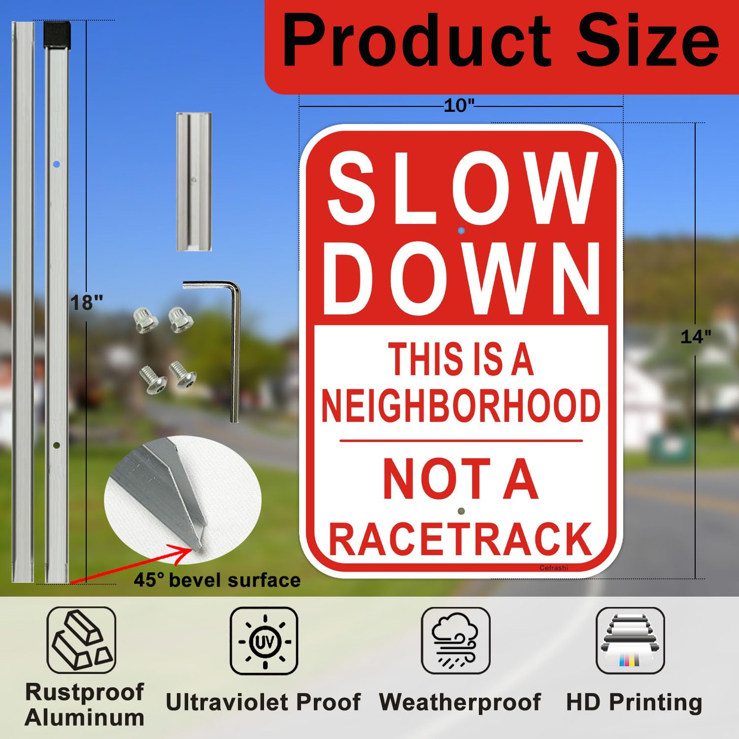 Cefrashi sign next to ruler showing compact 14x10 size convenience