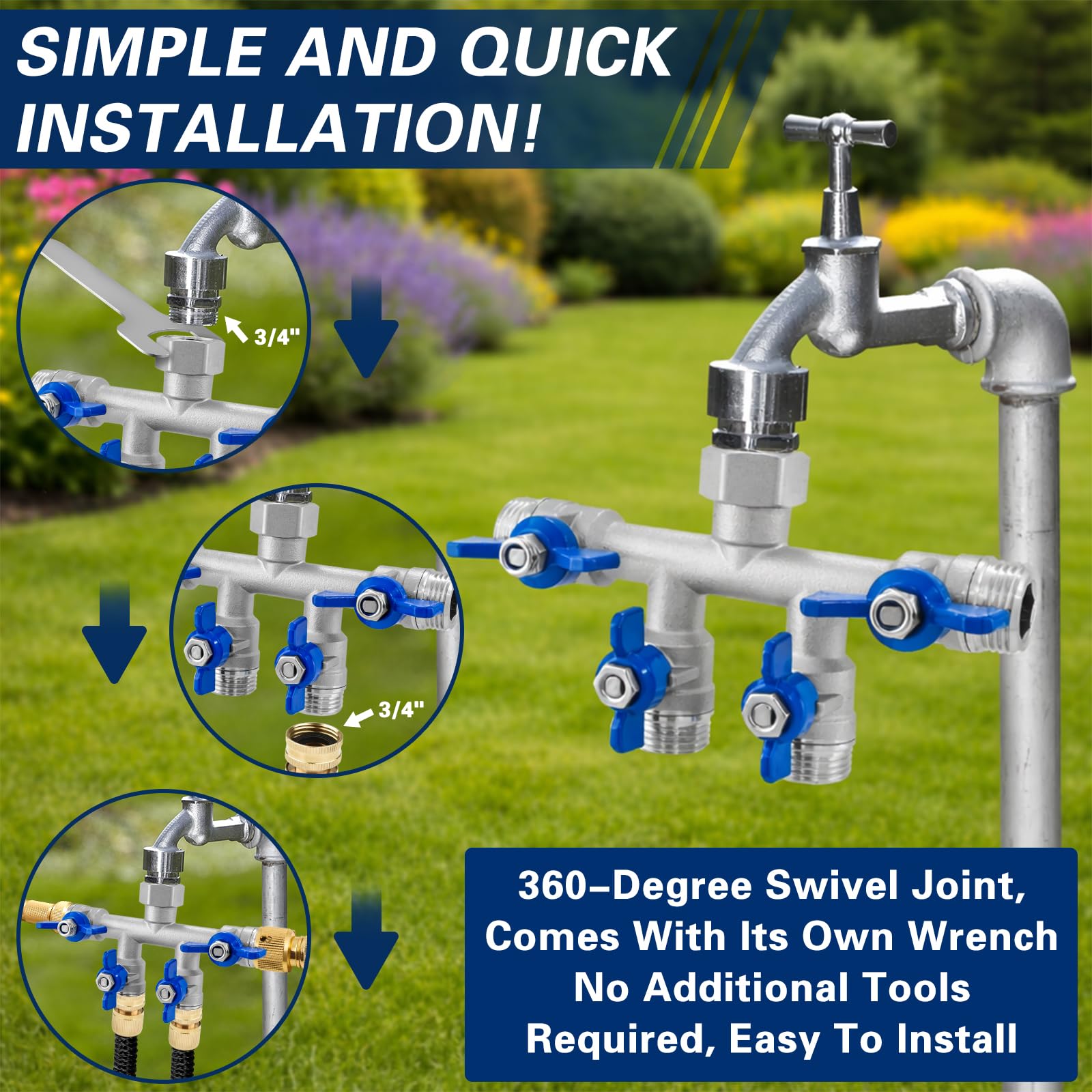 Cekwiet splitter attached to faucet with hoses running, enabling multi-zone watering benefit