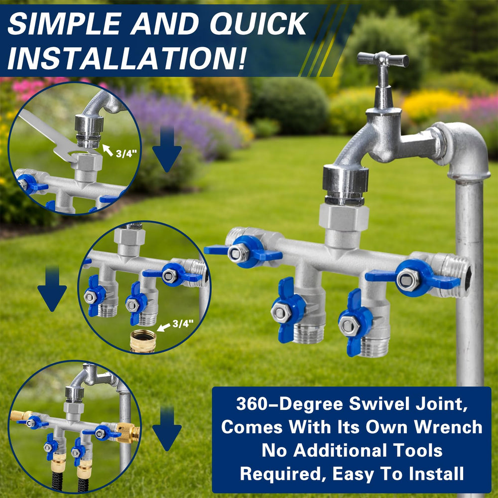 Cekwiet splitter attached to faucet with hoses running, enabling multi-zone watering benefit