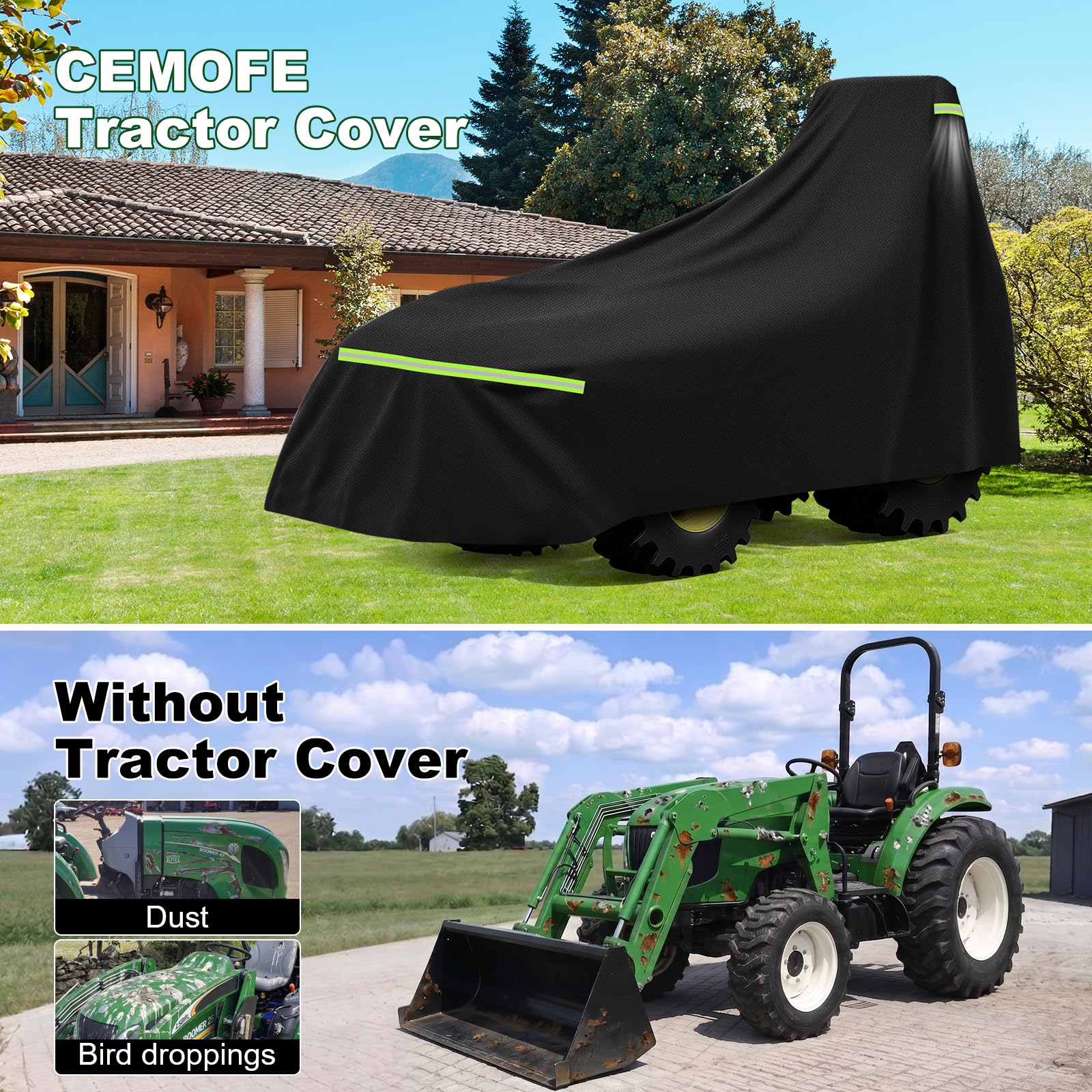 CEMOFE cover fitted on tractor showing generous all-around coverage