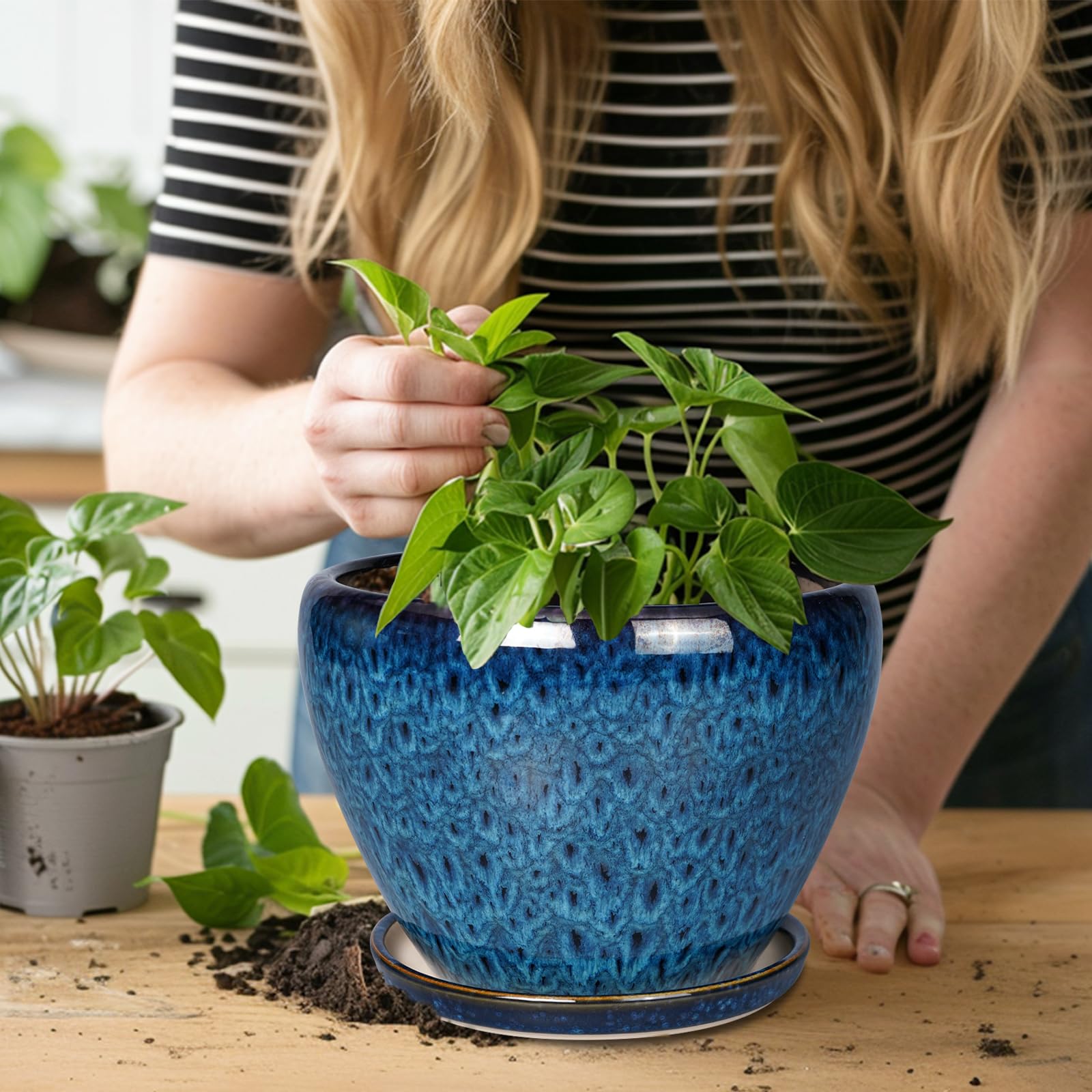 Ceramicfor maceta con monstera demostrando compatibilidad con plantas grandes