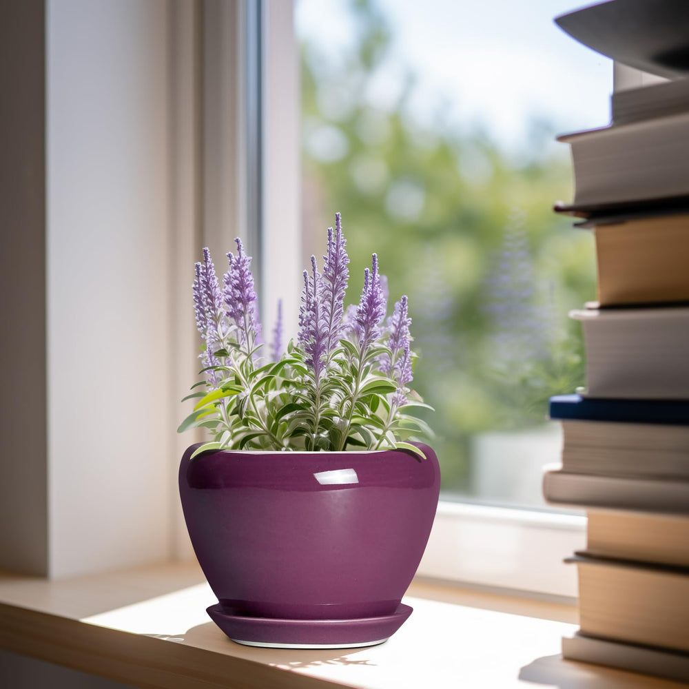 Ceramicfor purple pot side profile highlighting smooth round shape and stability