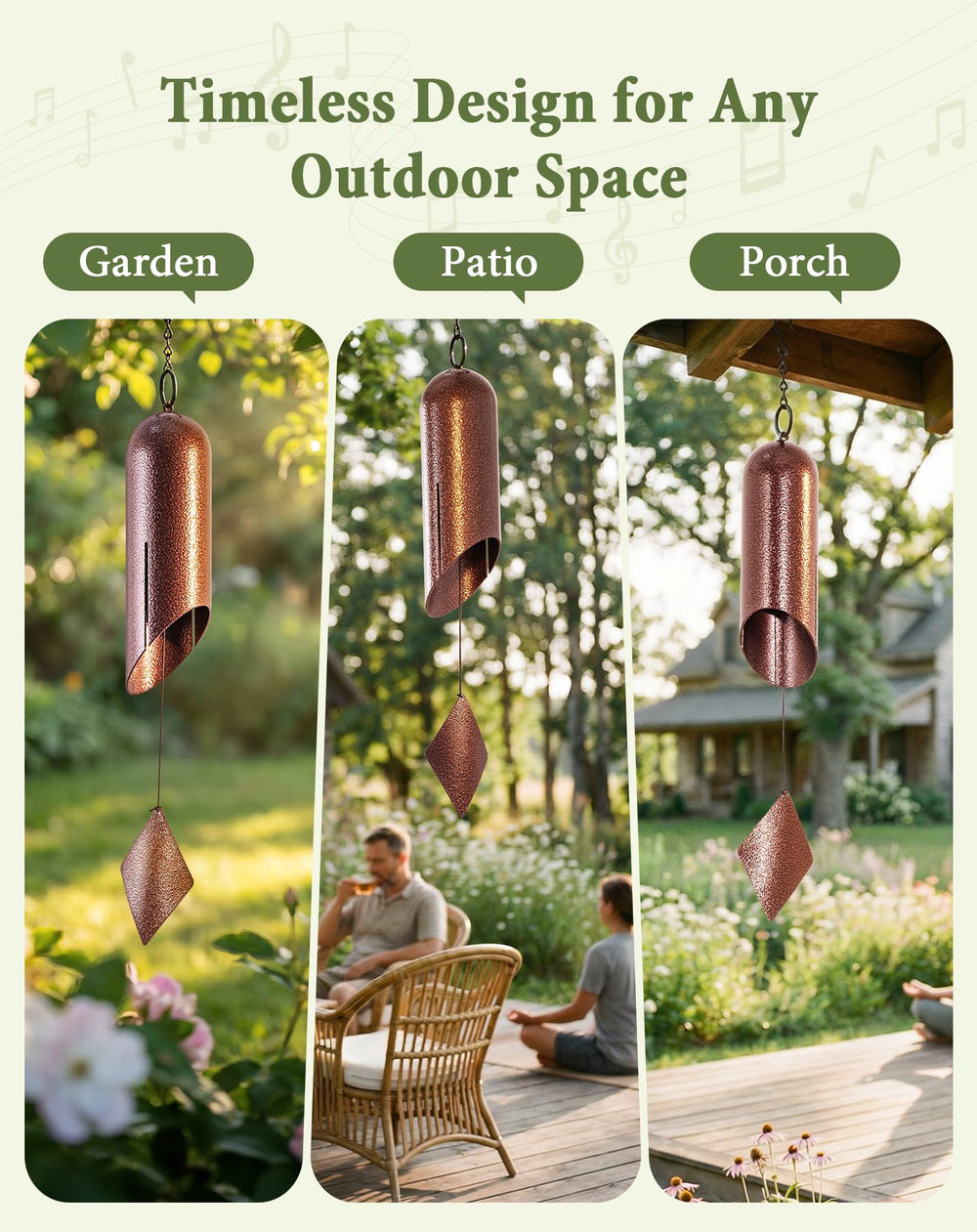 Cesun wind chimes installed on a porch creating calming outdoor ambiance and relaxation