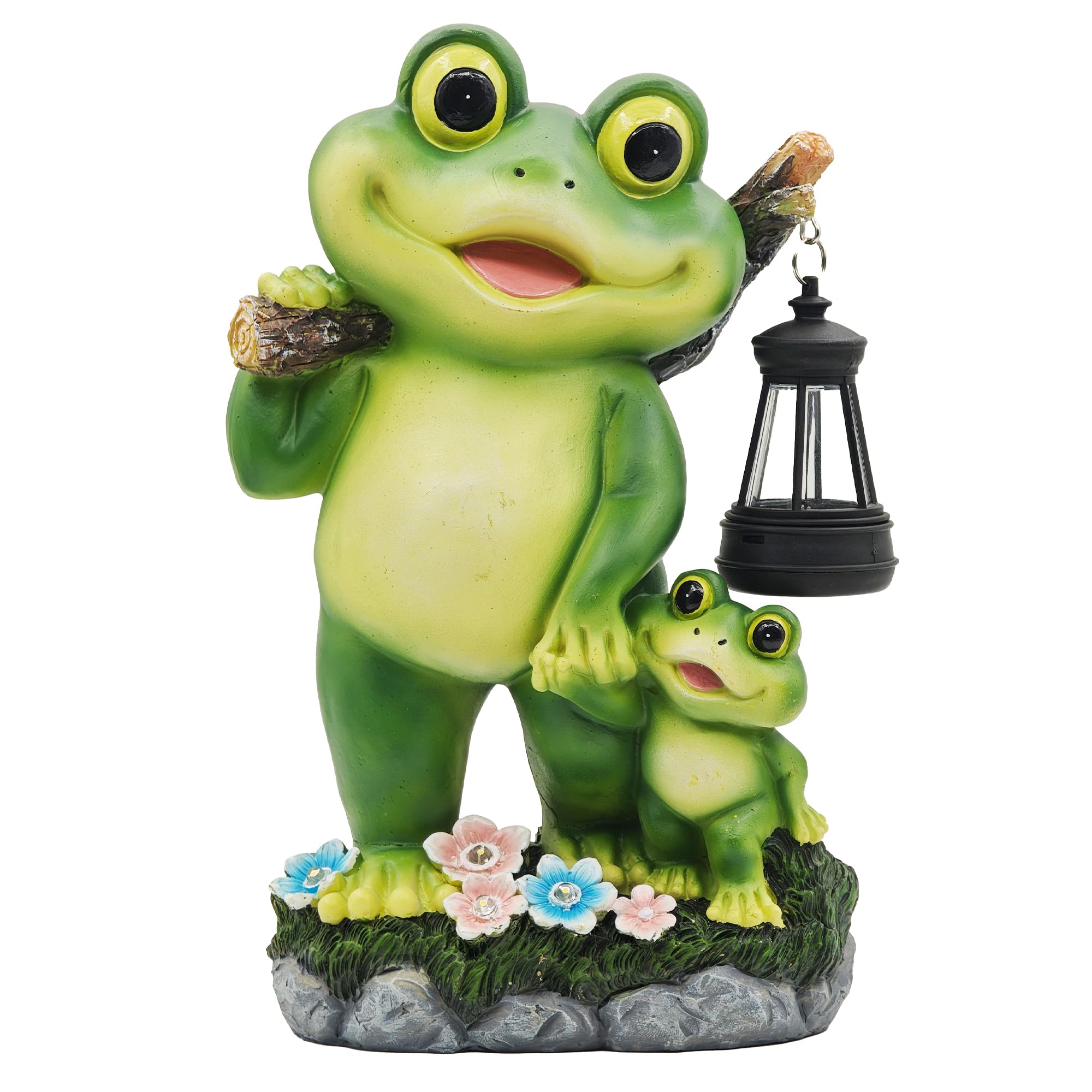 CFFOWNUG front view of frog statue showing LED lantern and friendly pose for curb appeal