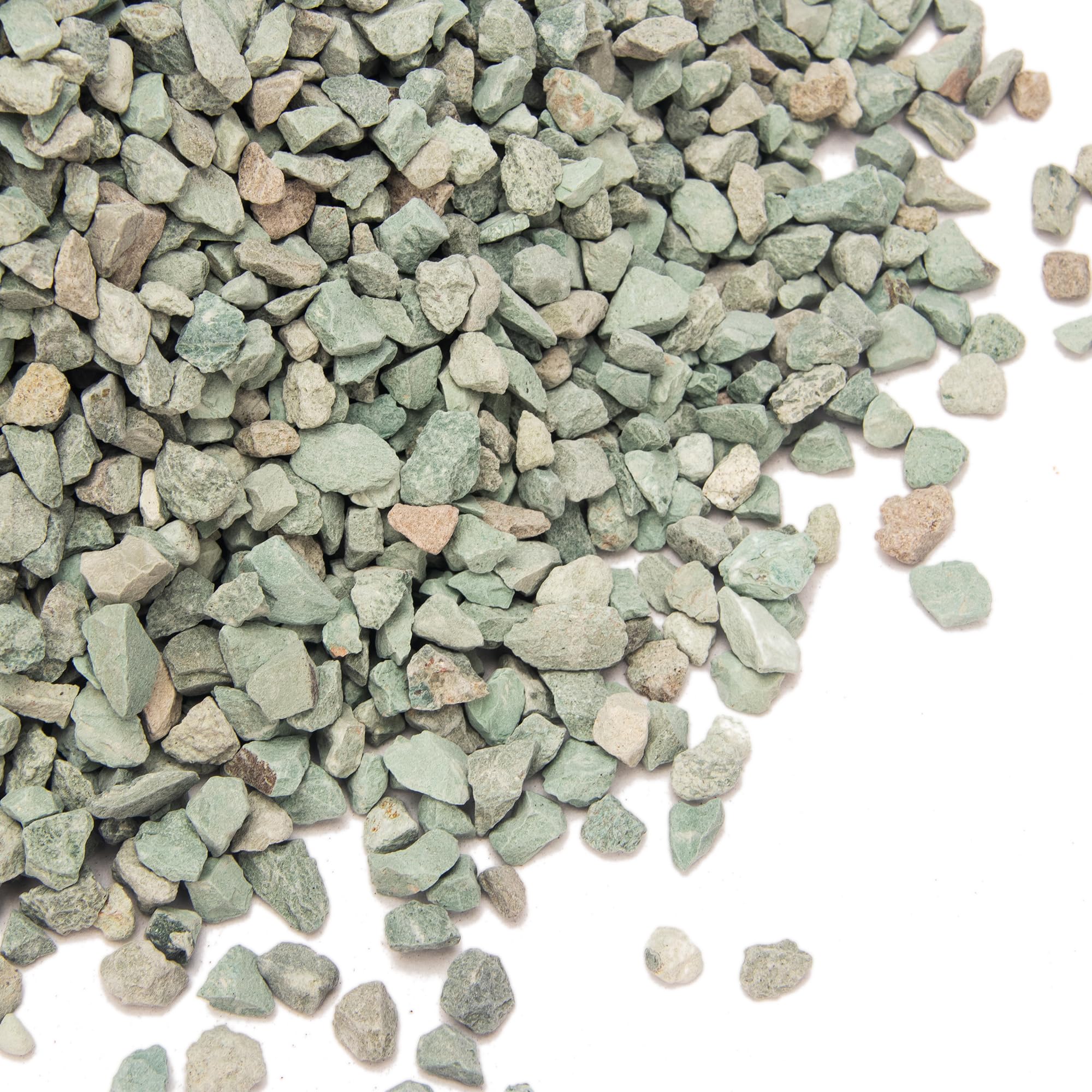 CFKJ bag front view showing 18 lb green zeolite pebbles and neat packaging benefit