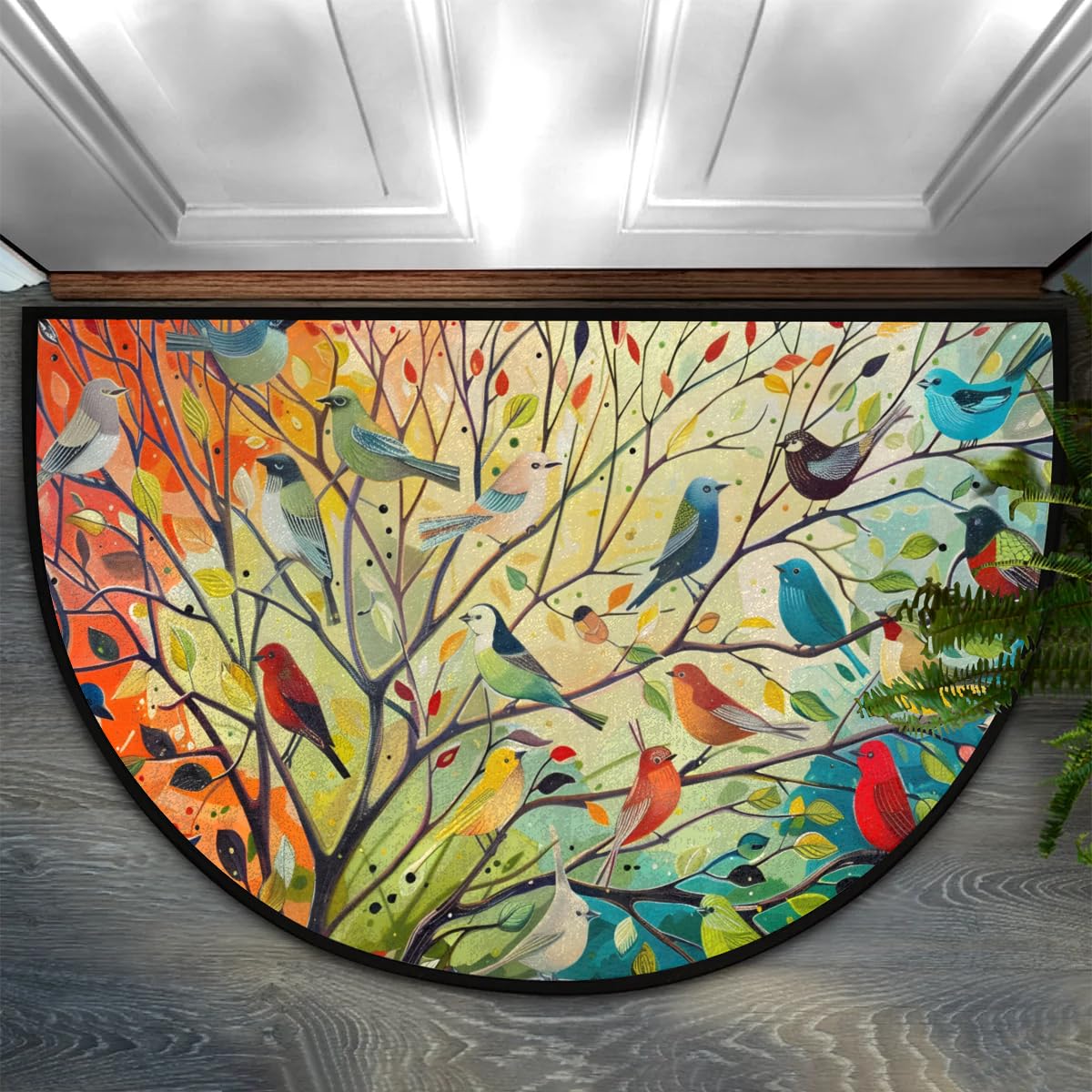 cfpolar front view half-round doormat showing cheerful birds and welcoming style
