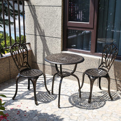 C/G patio casa front view of antique copper bistro set showing full table and two chairs, attractive outdoor seating