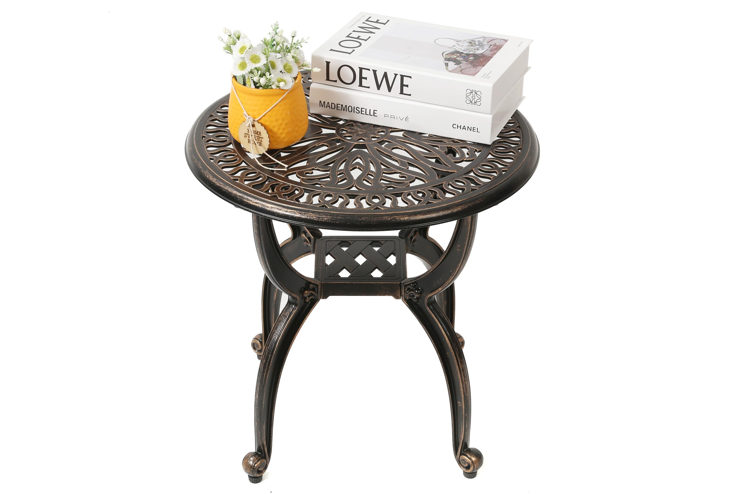 C/G patio casa table on patio holding plants and drinks for functional style