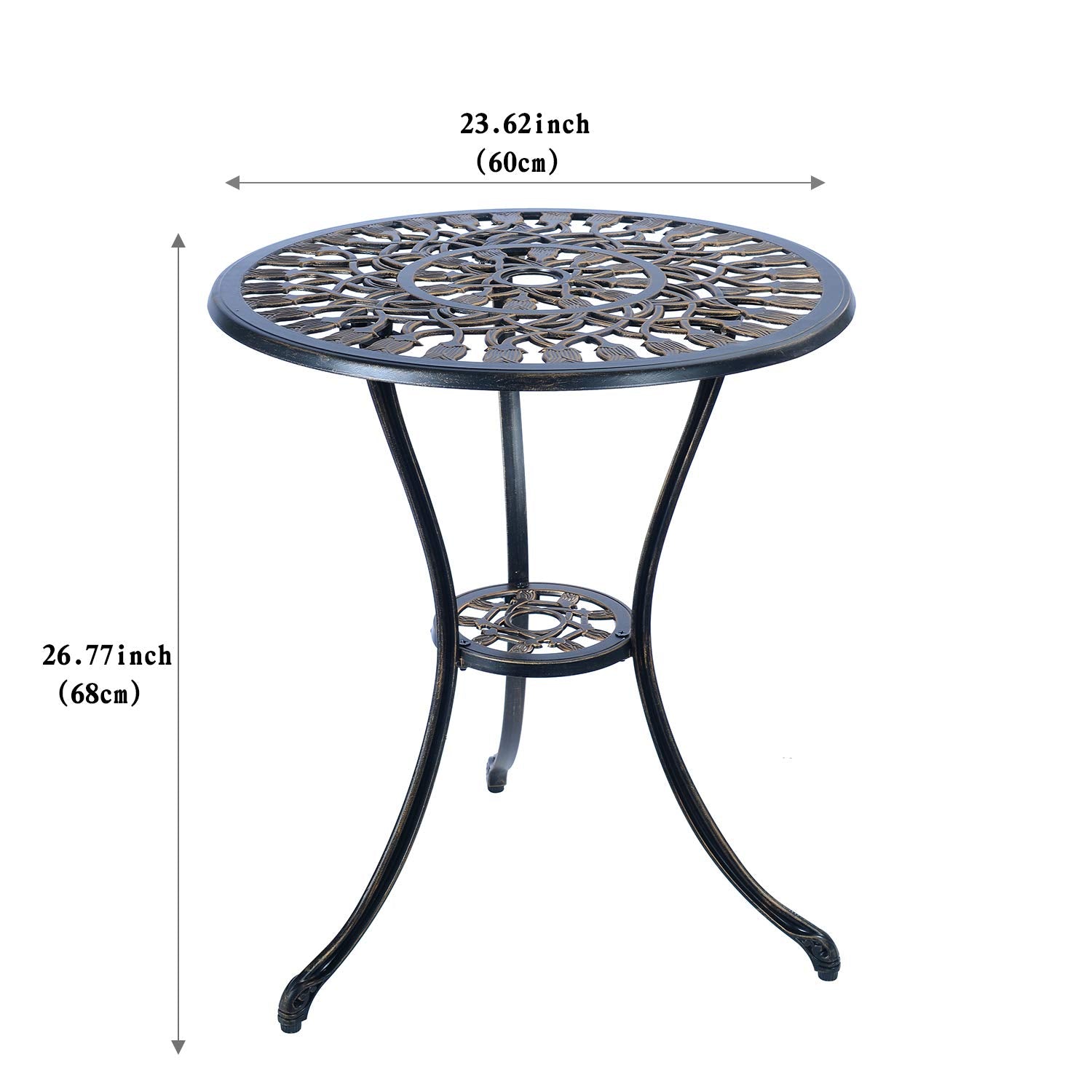 C/G patio casa table closeup tulip pattern highlighting durable cast aluminum finish
