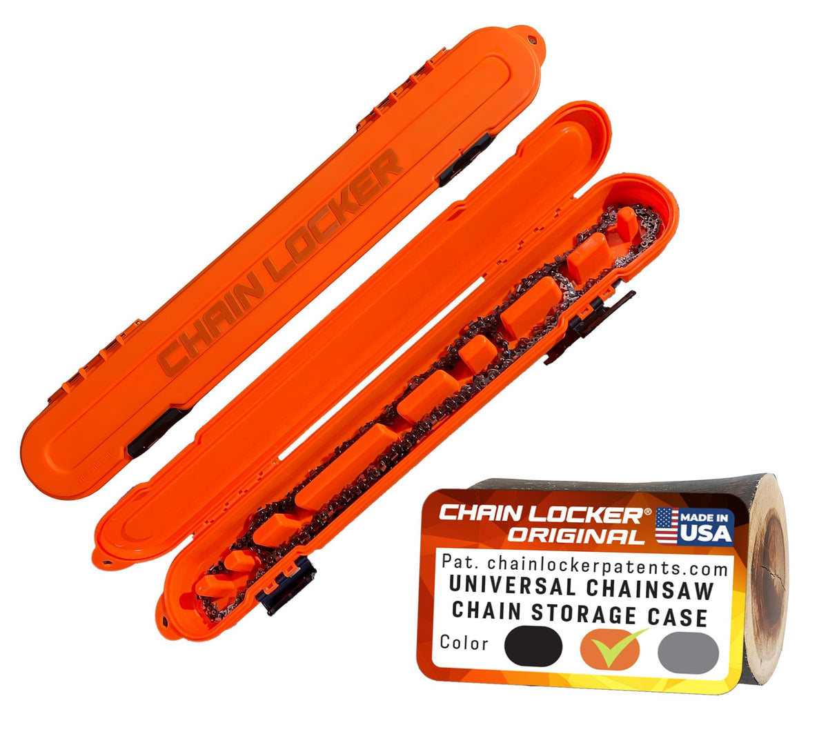 Chain Locker front view orange showing sturdy case and secure closure benefit