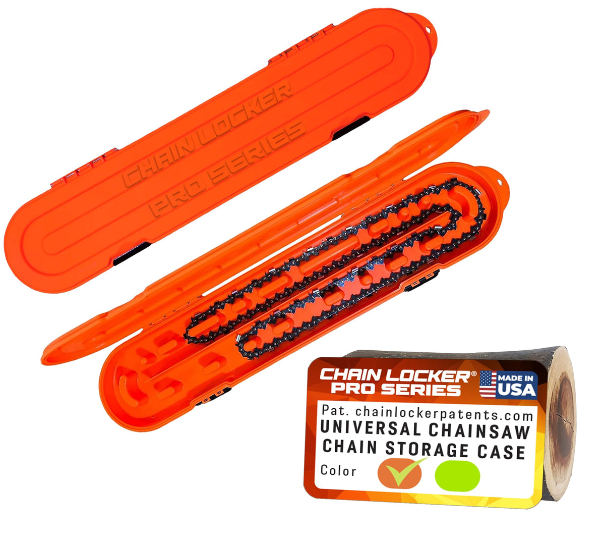 Chain Locker front view showing orange case and secure latches for quick identification