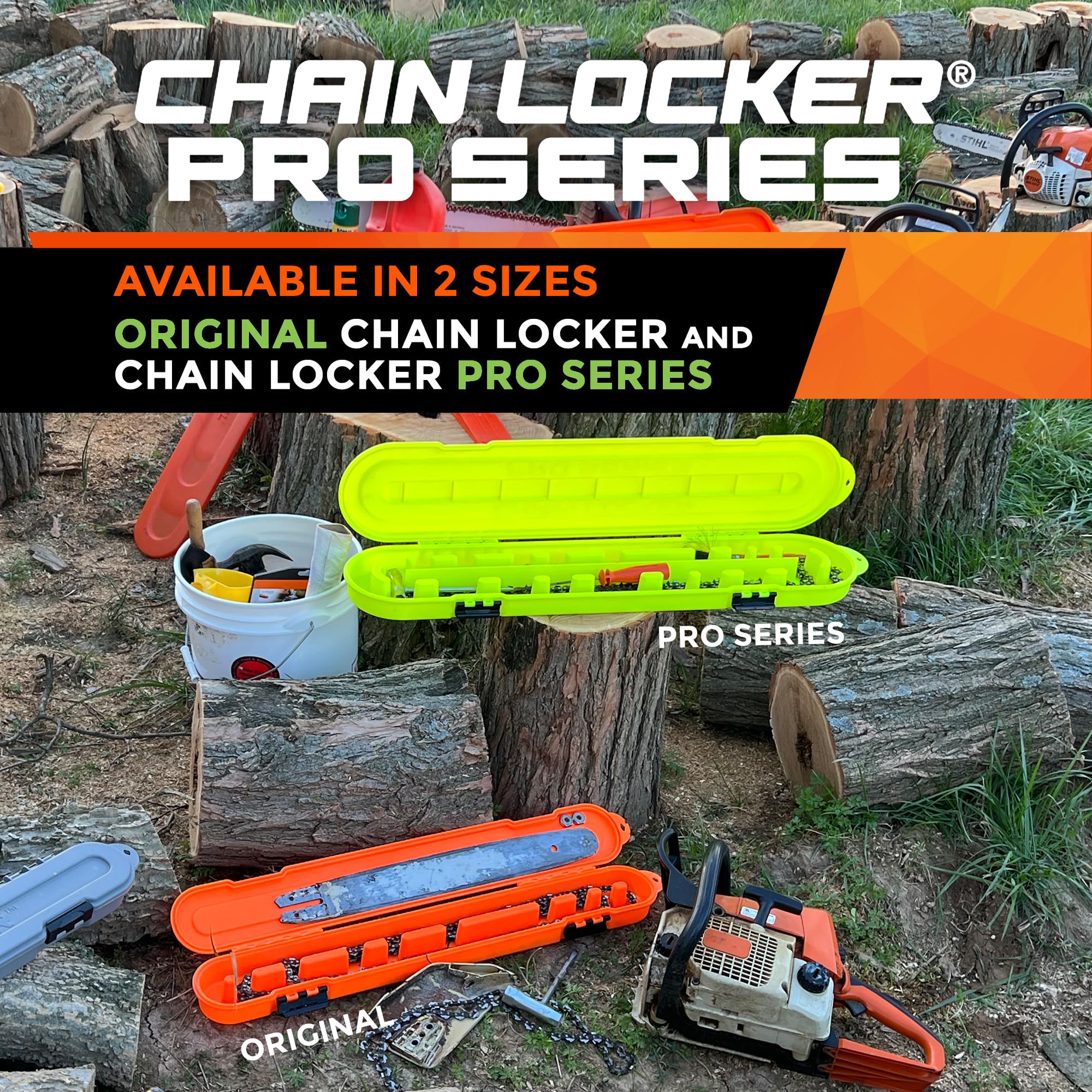 Chain Locker on a jobsite stump illustrating brand durable on-site protection