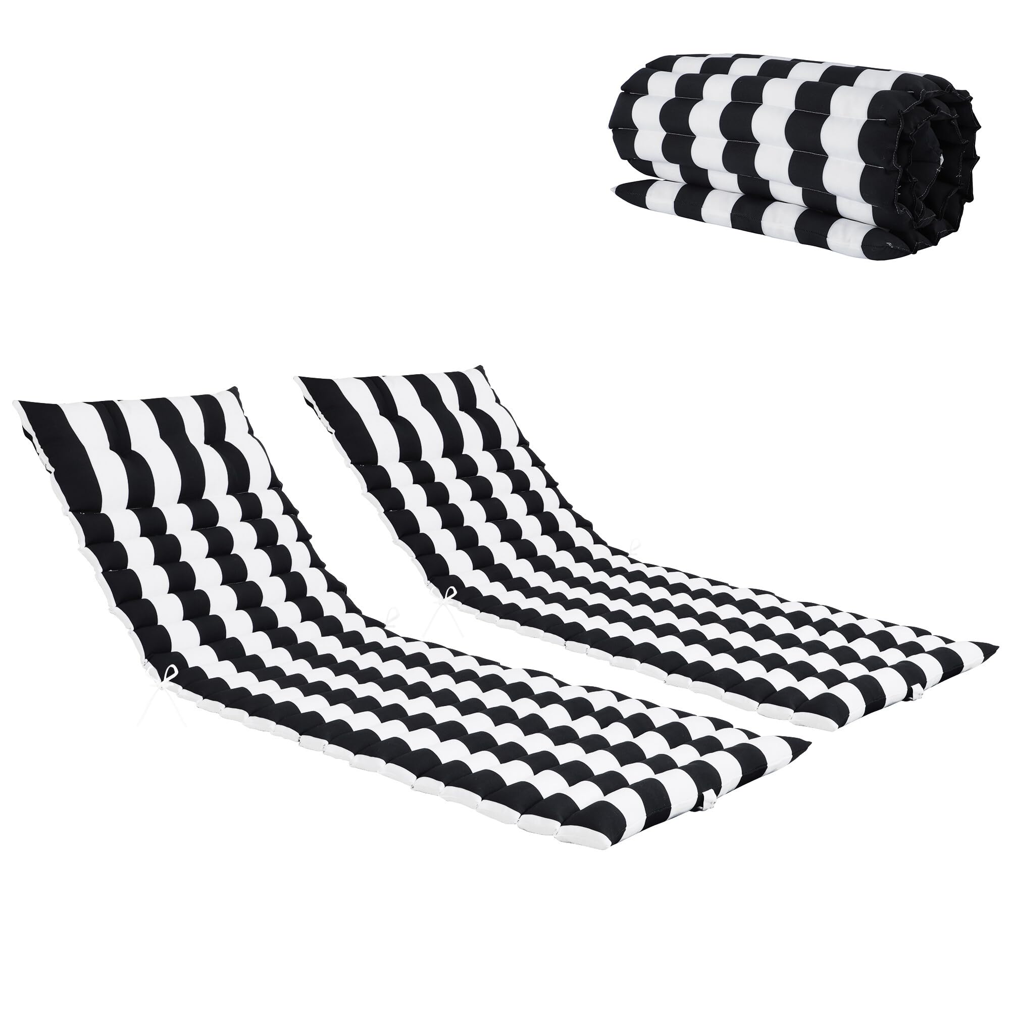 Chaise Lounge Cushion front view showing black white striped cover and neat quilting for aesthetic appeal