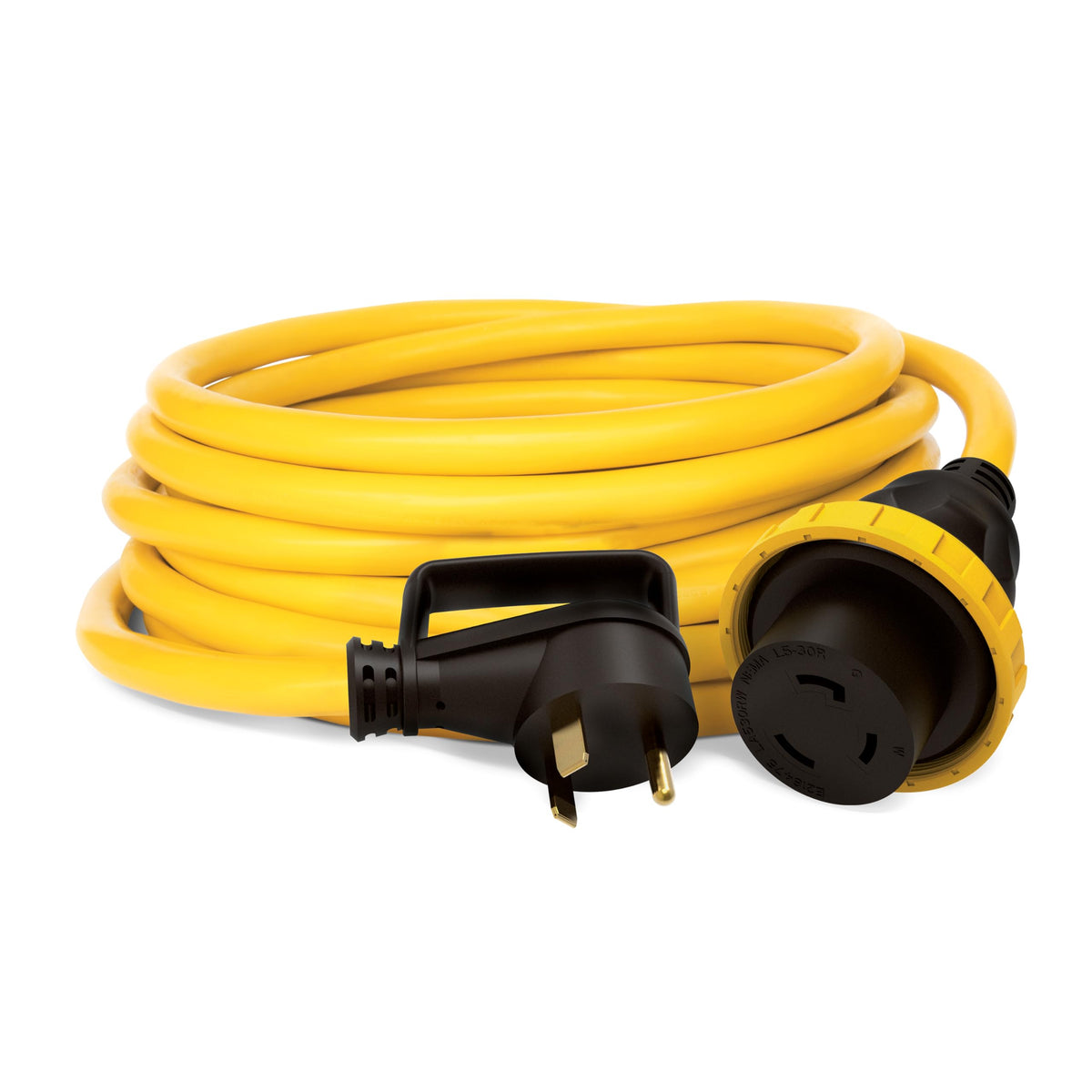 Champion front view of 30ft 30A RV power cord showing full length benefit