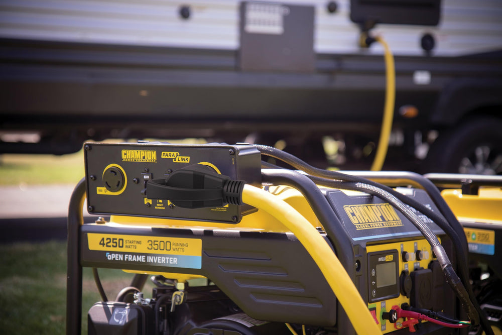 Champion Power Equipment coiled cord with strap showing compact storage benefit