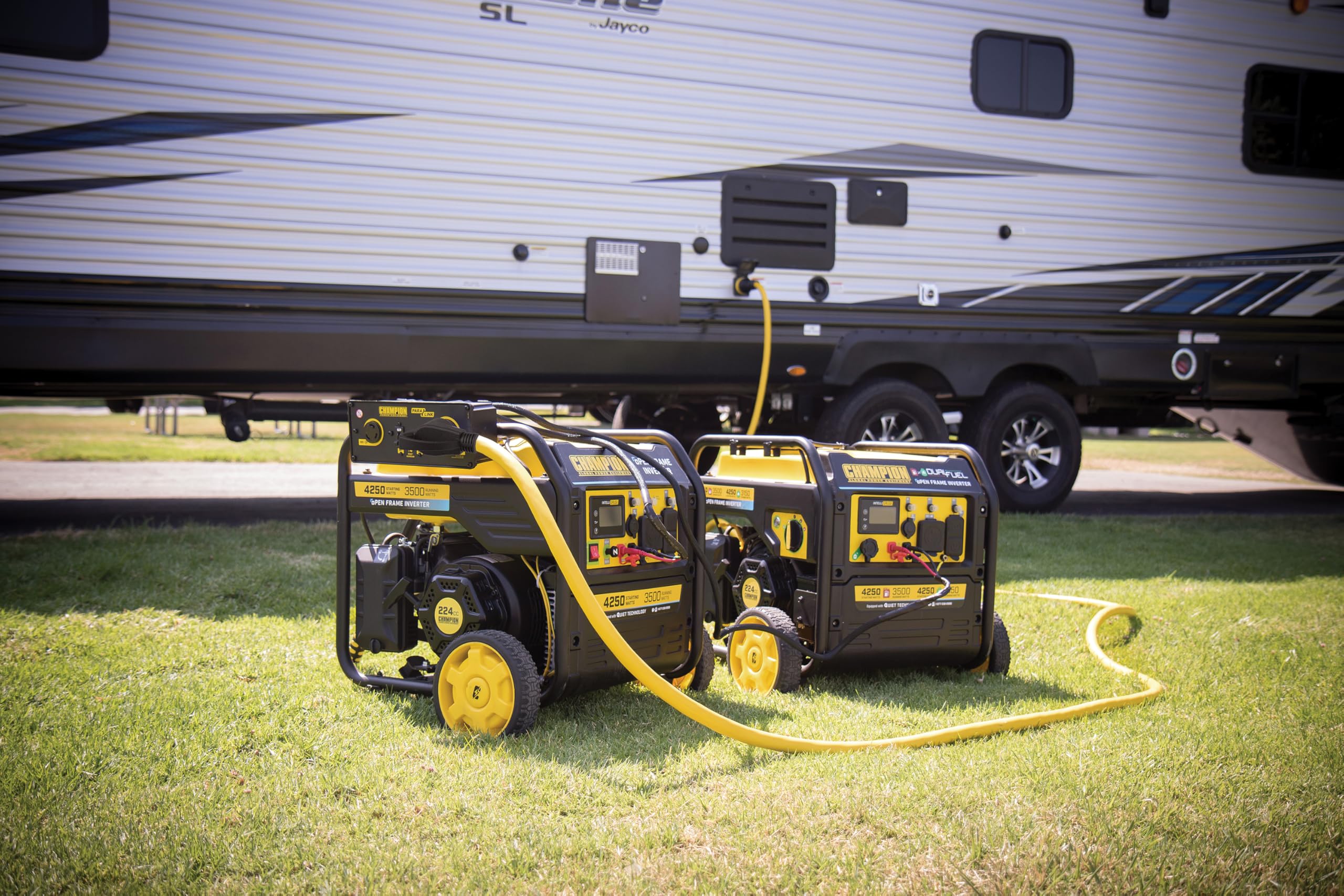 Champion Power Equipment cord connected to RV inlet showing stable power delivery benefit