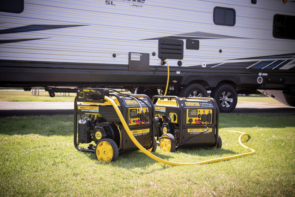 Champion Power Equipment cord connected to RV inlet showing stable power delivery benefit