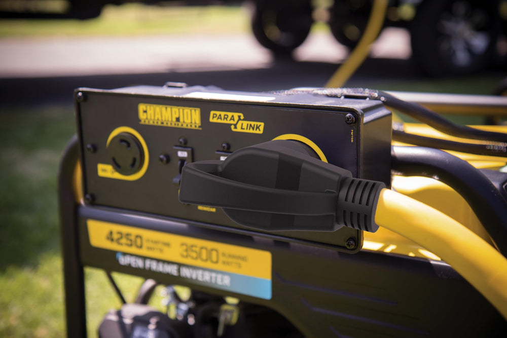 Champion Power Equipment cable laid beside measuring tape showing 30-foot reach benefit