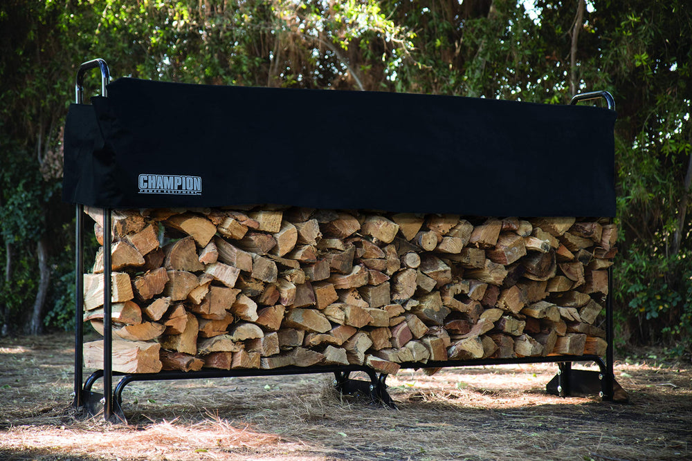 Champion Power Equipment cover on rack in yard protecting wood while allowing airflow and easy access