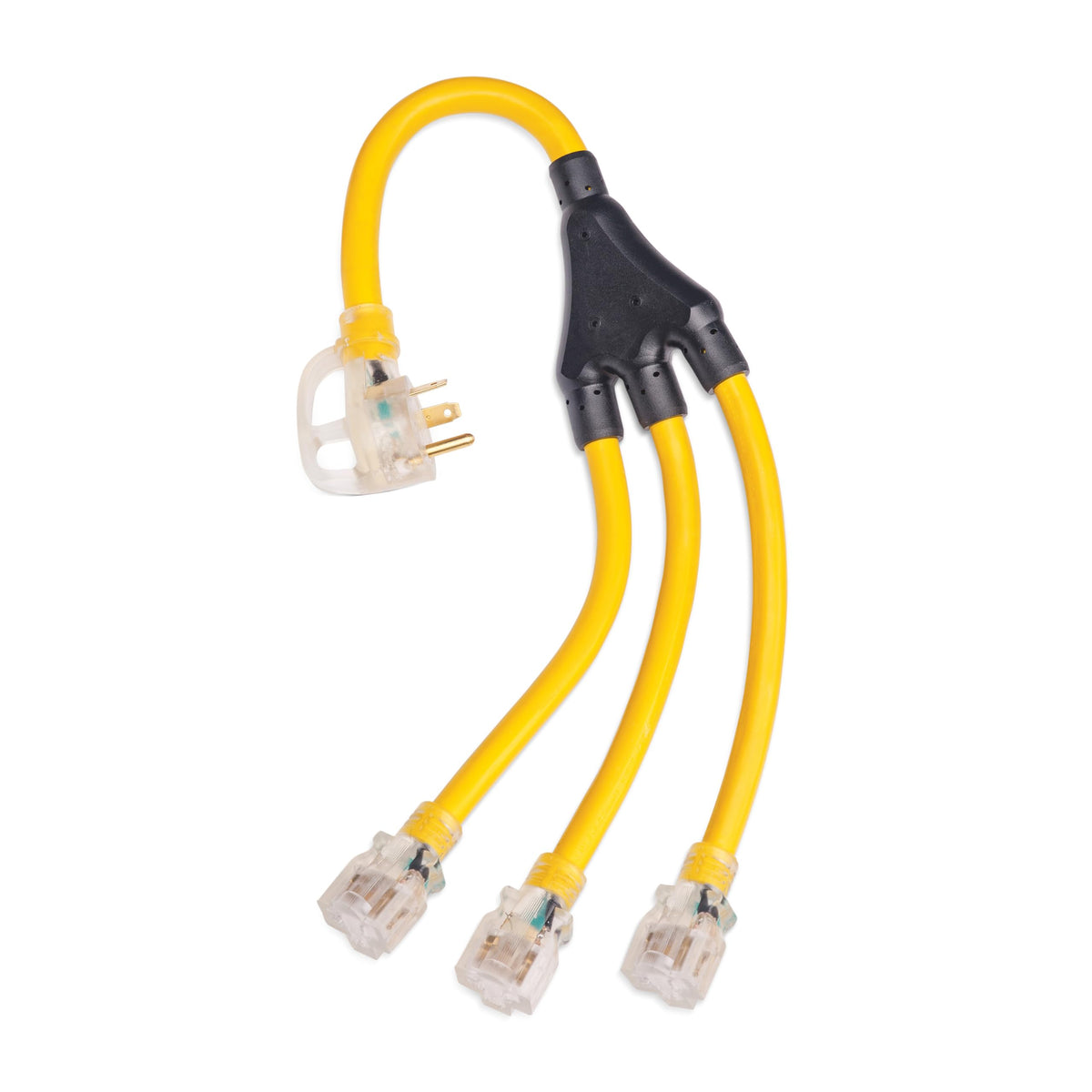 Champion front view of adapter showing TT-30P to three outlets for versatile power