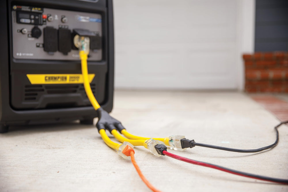 Champion adapter in use with generator powering campsite electronics safely