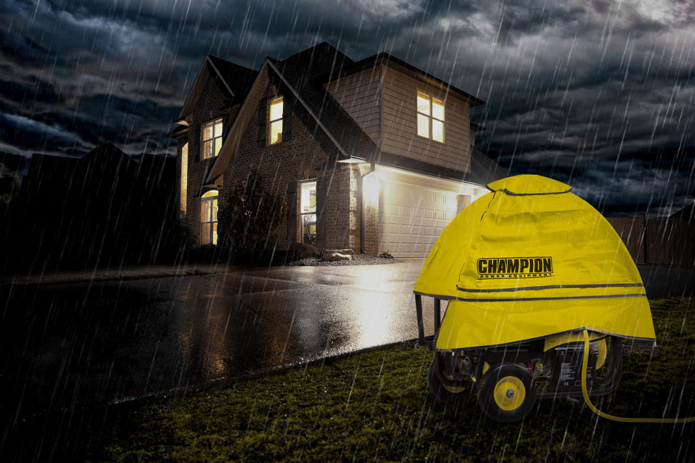 Champion Power Equipment generator running under cover demonstrating safe operation
