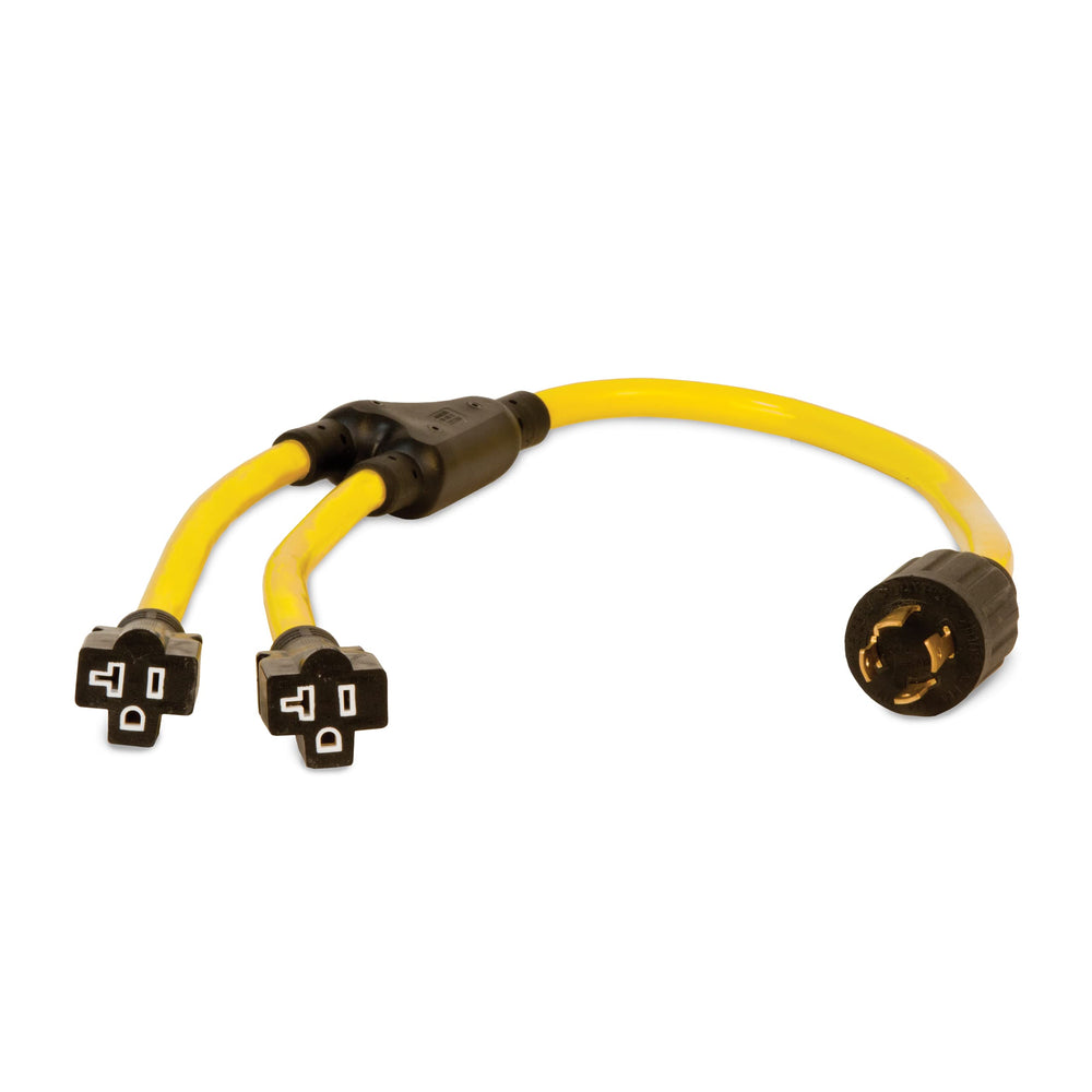 Champion front view of Y-adapter showing dual household outlets and locking plug benefit of conversion