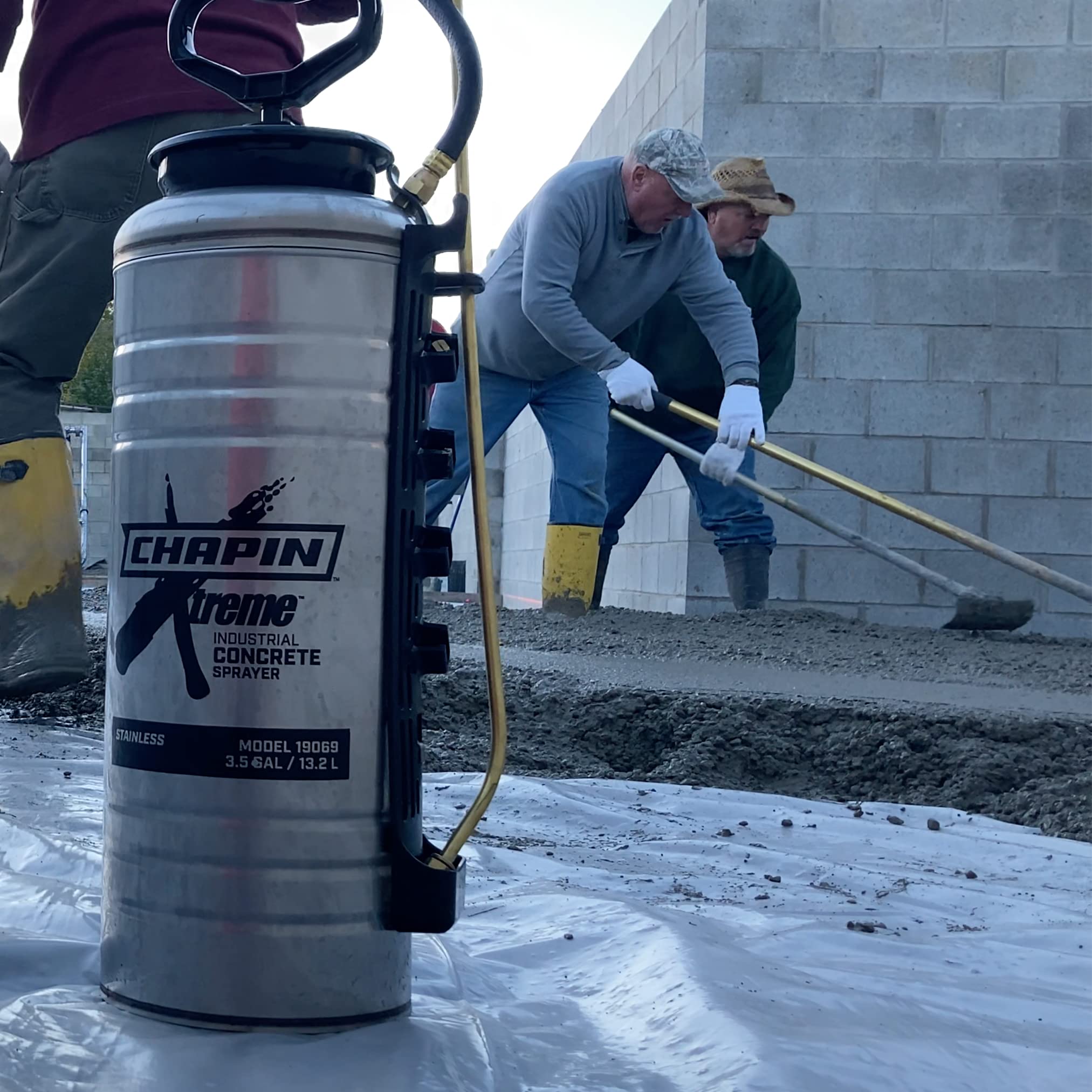 CHAPIN sprayer beside toolbox for scale showing compact 3.5-gallon capacity and portability