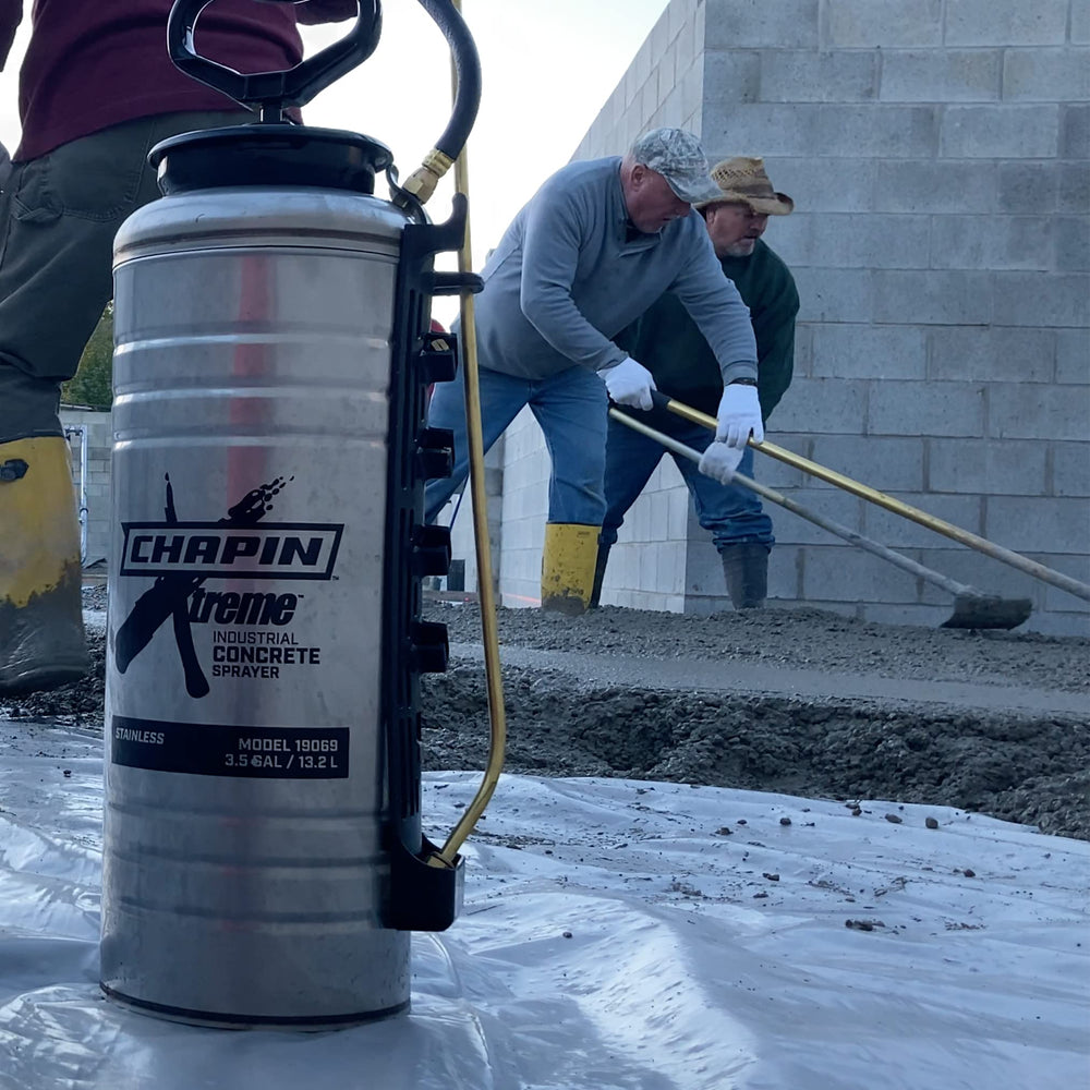 CHAPIN sprayer beside toolbox for scale showing compact 3.5-gallon capacity and portability