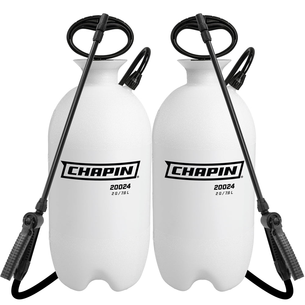 CHAPIN front view of 2-gallon sprayer 2-pack showing compact design and labeling, quick setup benefit