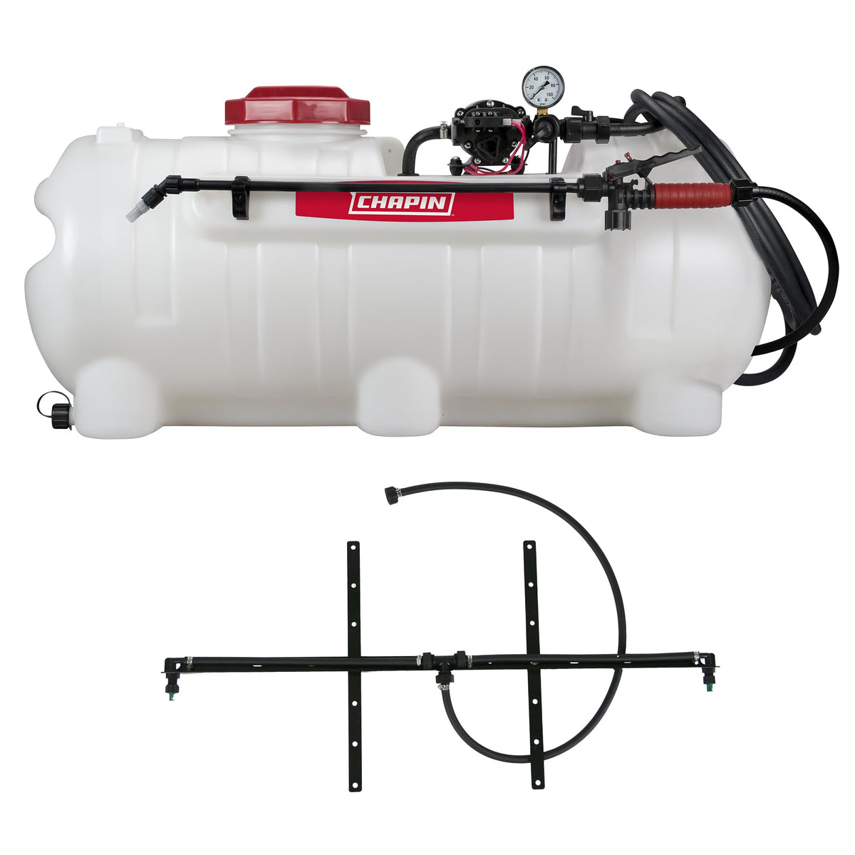 CHAPIN front view of 25-gallon tow-behind sprayer showing tank and frame for durable use