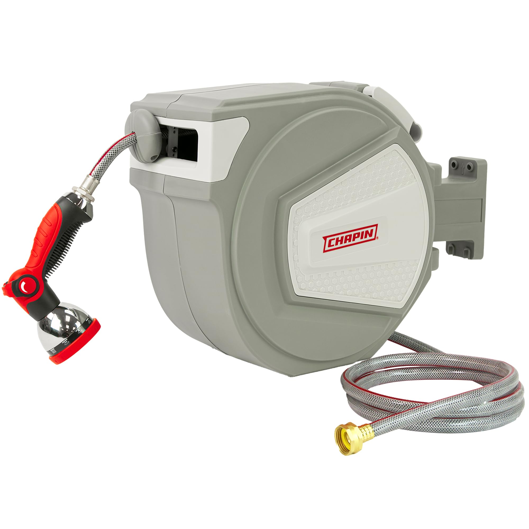 CHAPIN front view of retractable hose reel showing durable case and label