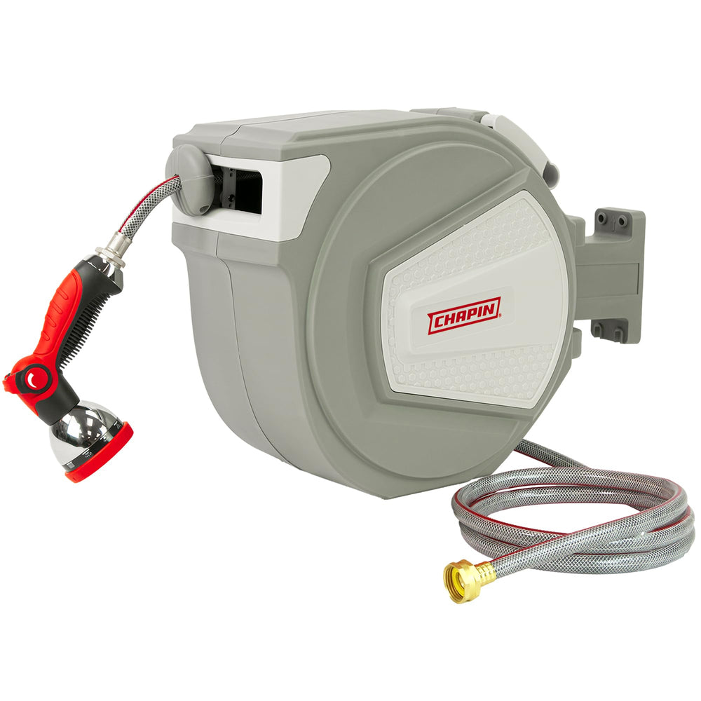 CHAPIN front view of retractable hose reel showing durable case and label