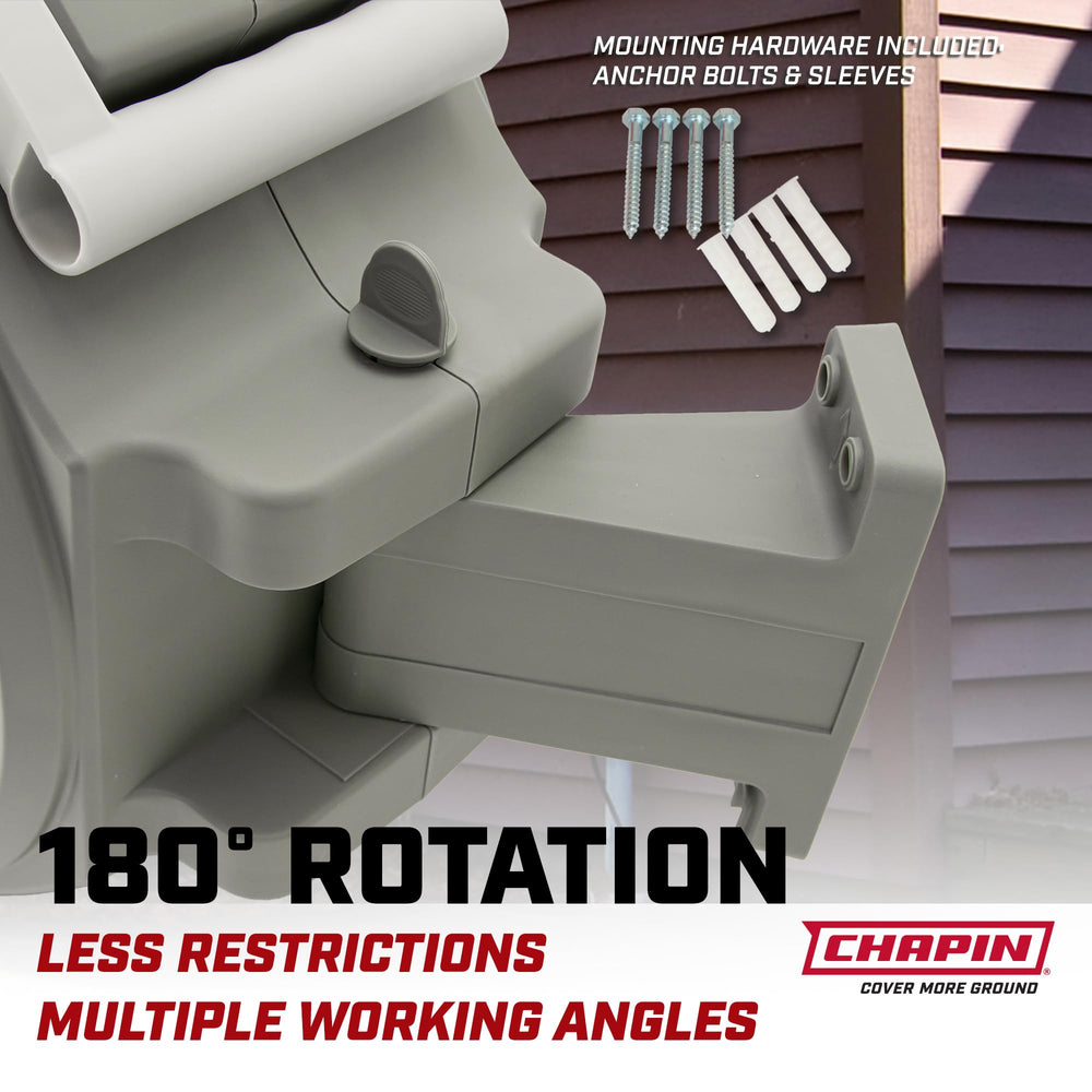 CHAPIN mounted reel swiveling 180 degrees for expanded watering reach