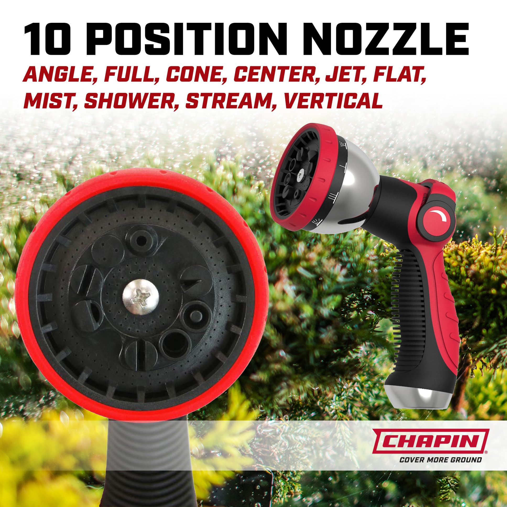 CHAPIN metal 10-pattern nozzle closeup for precise spray control