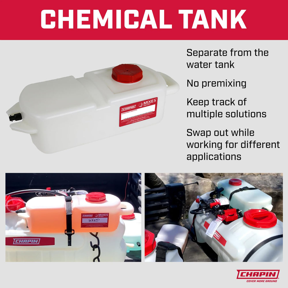 CHAPIN tank mounted on an ATV sprayer demonstrating compact, space-saving on-vehicle installation