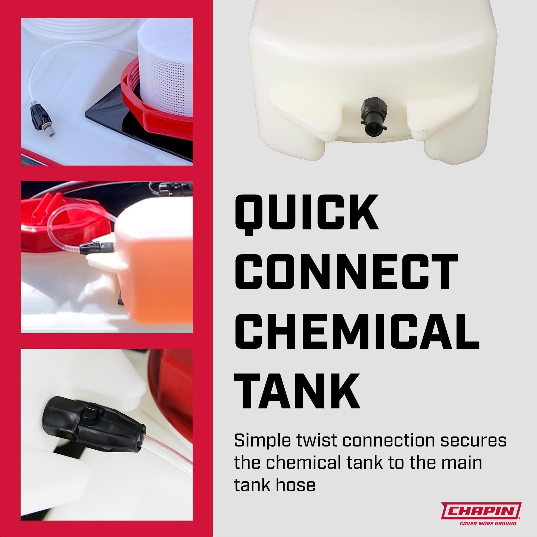 CHAPIN tank held next to a hand for scale showing compact 2-gallon size for manageable transport
