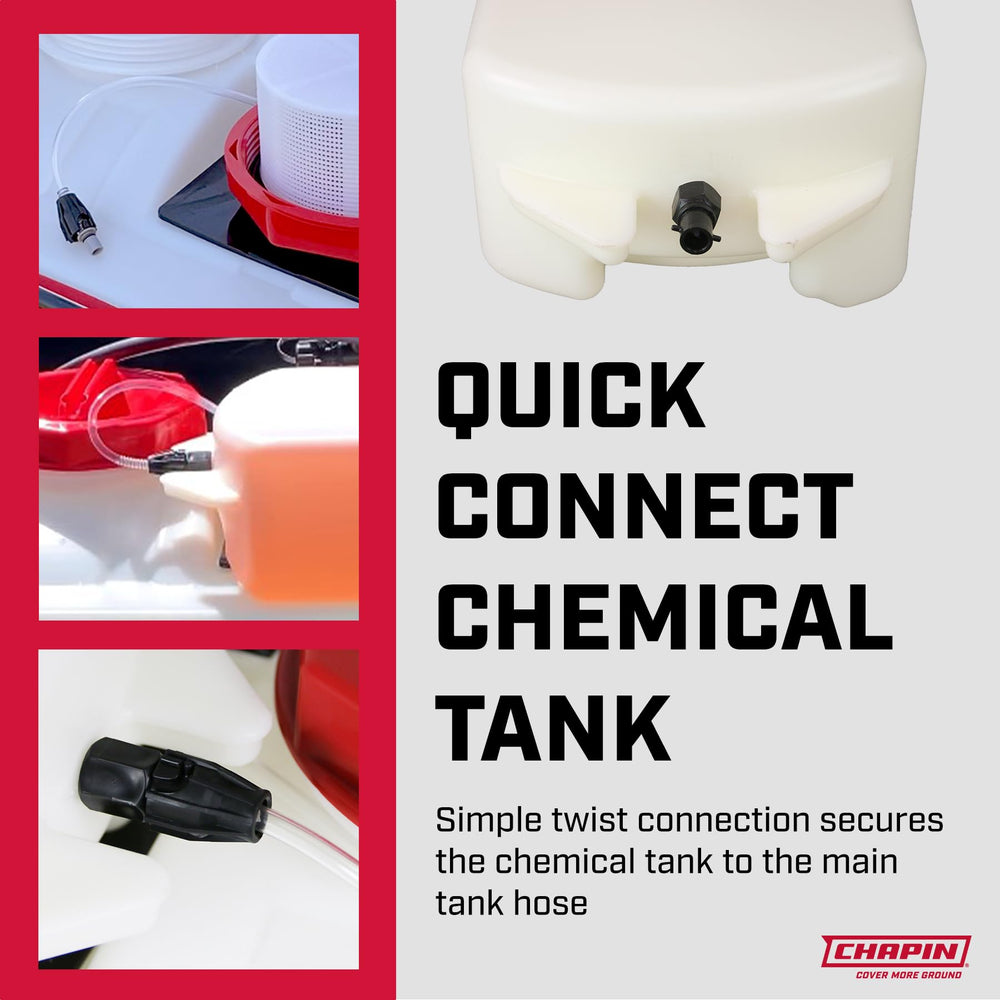 CHAPIN tank held next to a hand for scale showing compact 2-gallon size for manageable transport