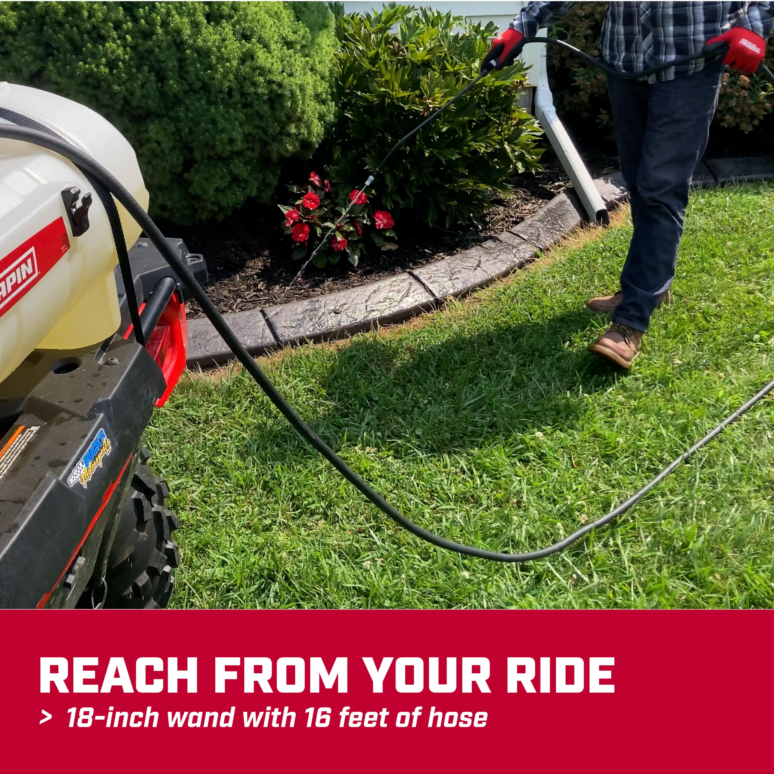 CHAPIN 18-inch curved wand spraying along fence, precise reach benefit