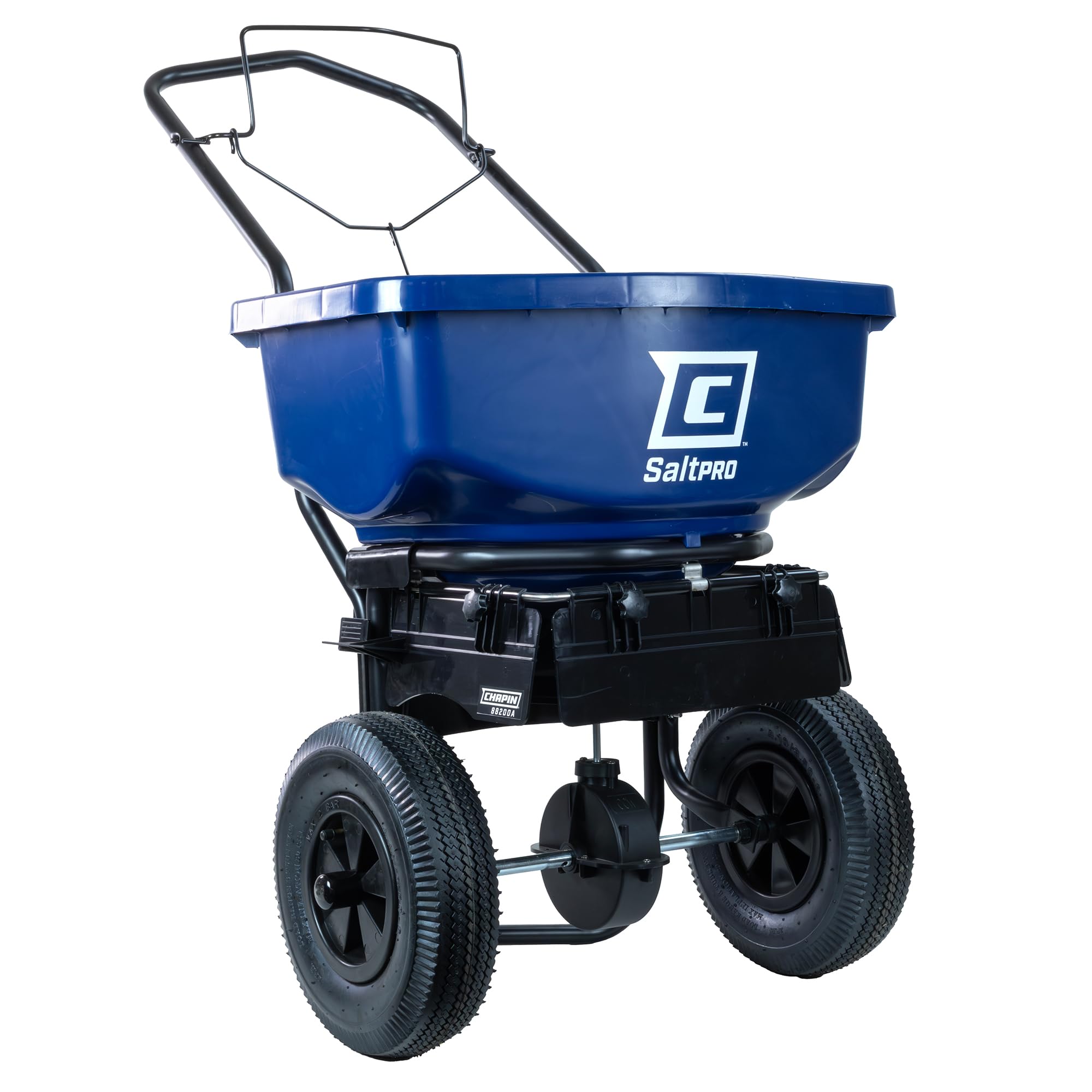 CHAPIN front view of 80 lb spreader showing hopper and frame, durable for winter use