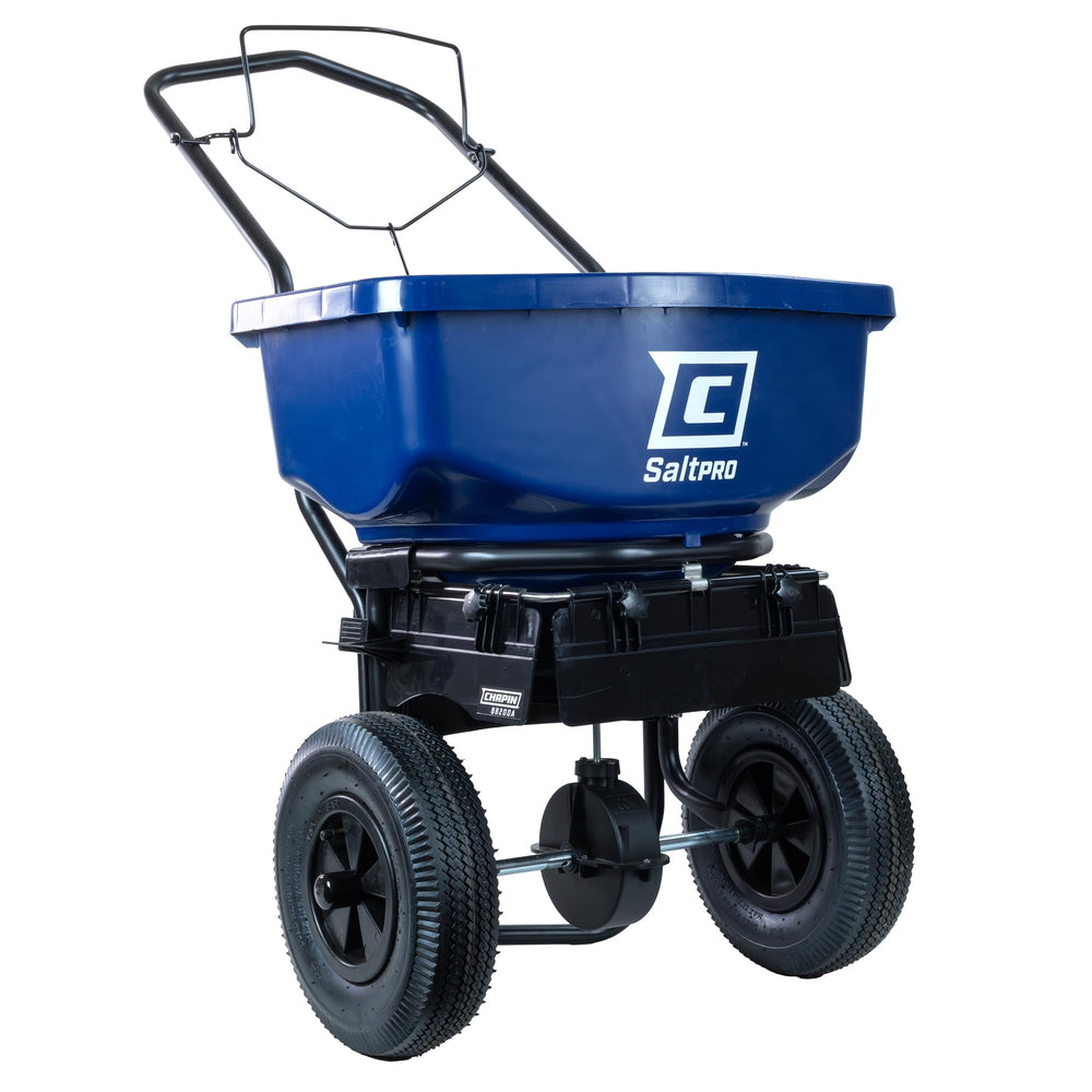 CHAPIN front view of 80 lb spreader showing hopper and frame, durable for winter use