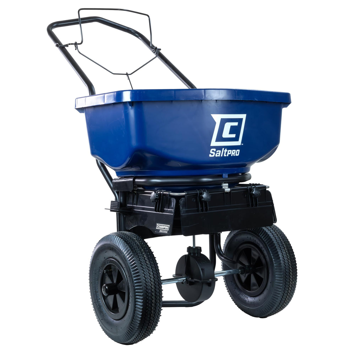 CHAPIN front view of 80 lb spreader showing hopper and frame, durable for winter use