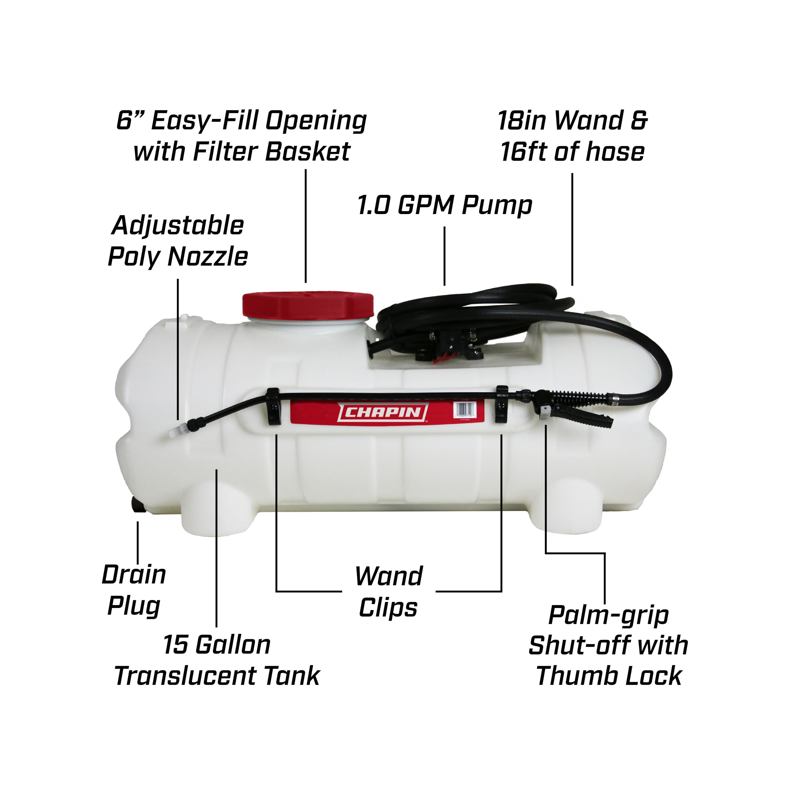 CHAPIN diaphragm pump and 15-foot hose detail, consistent pressure benefit