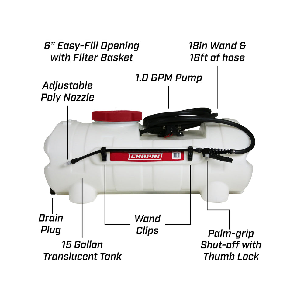 CHAPIN diaphragm pump and 15-foot hose detail, consistent pressure benefit