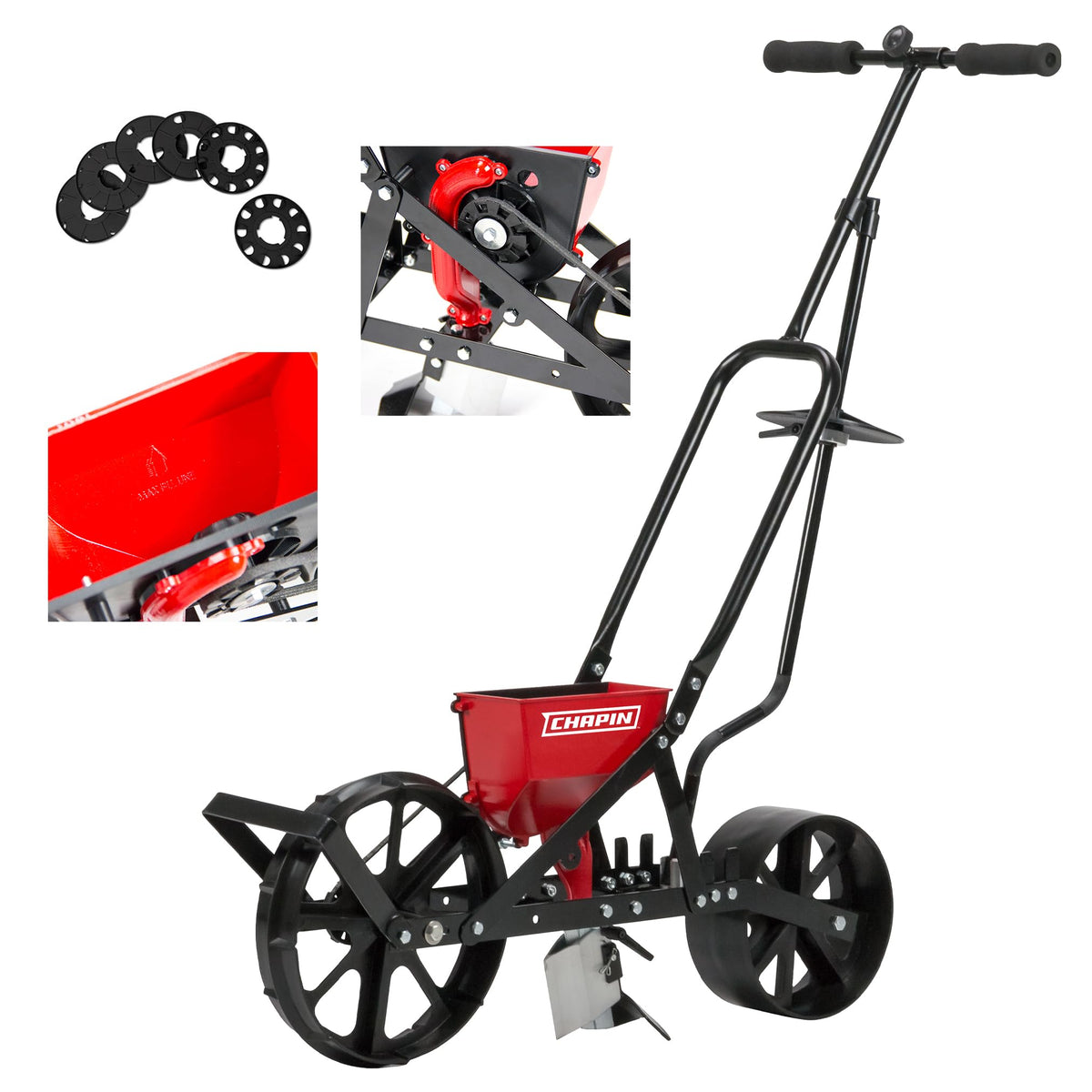 CHAPIN front view of push seeder showing frame and hopper for ergonomic planting