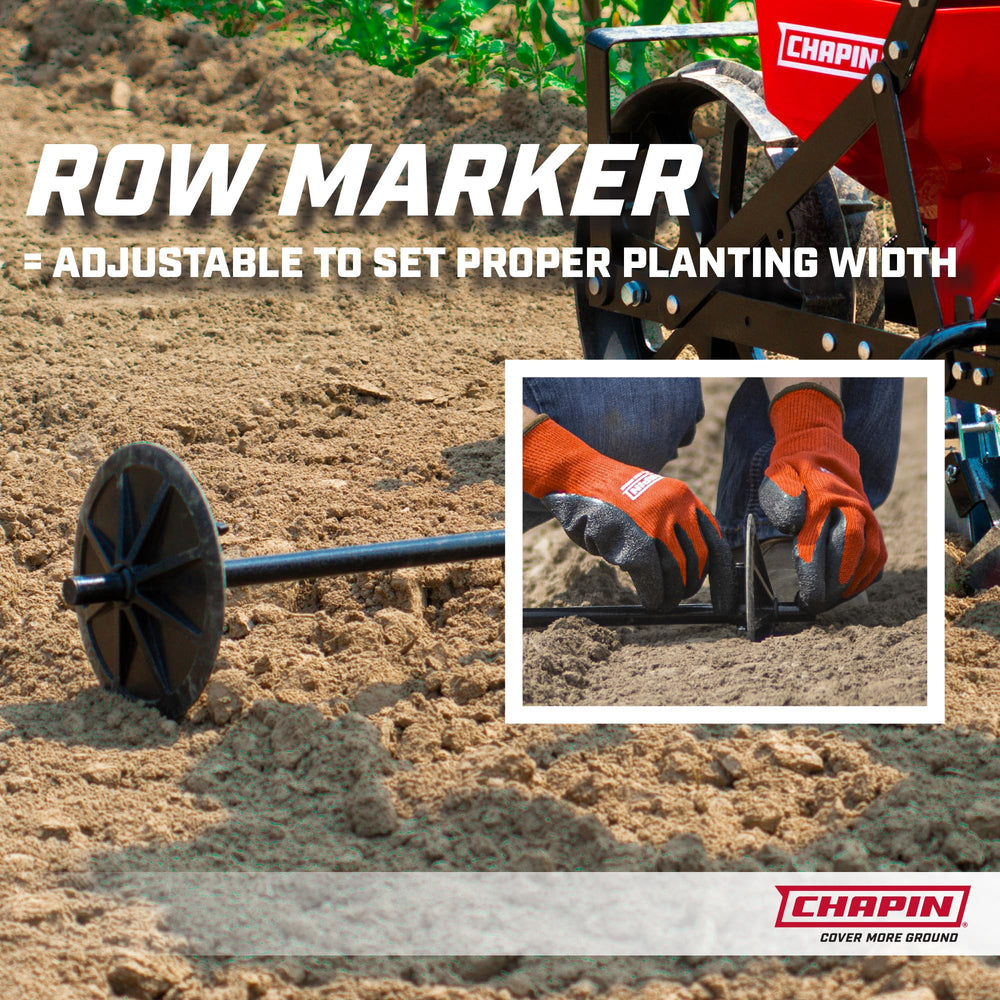 CHAPIN wide rear wheel covering soil and firming rows for better seed contact