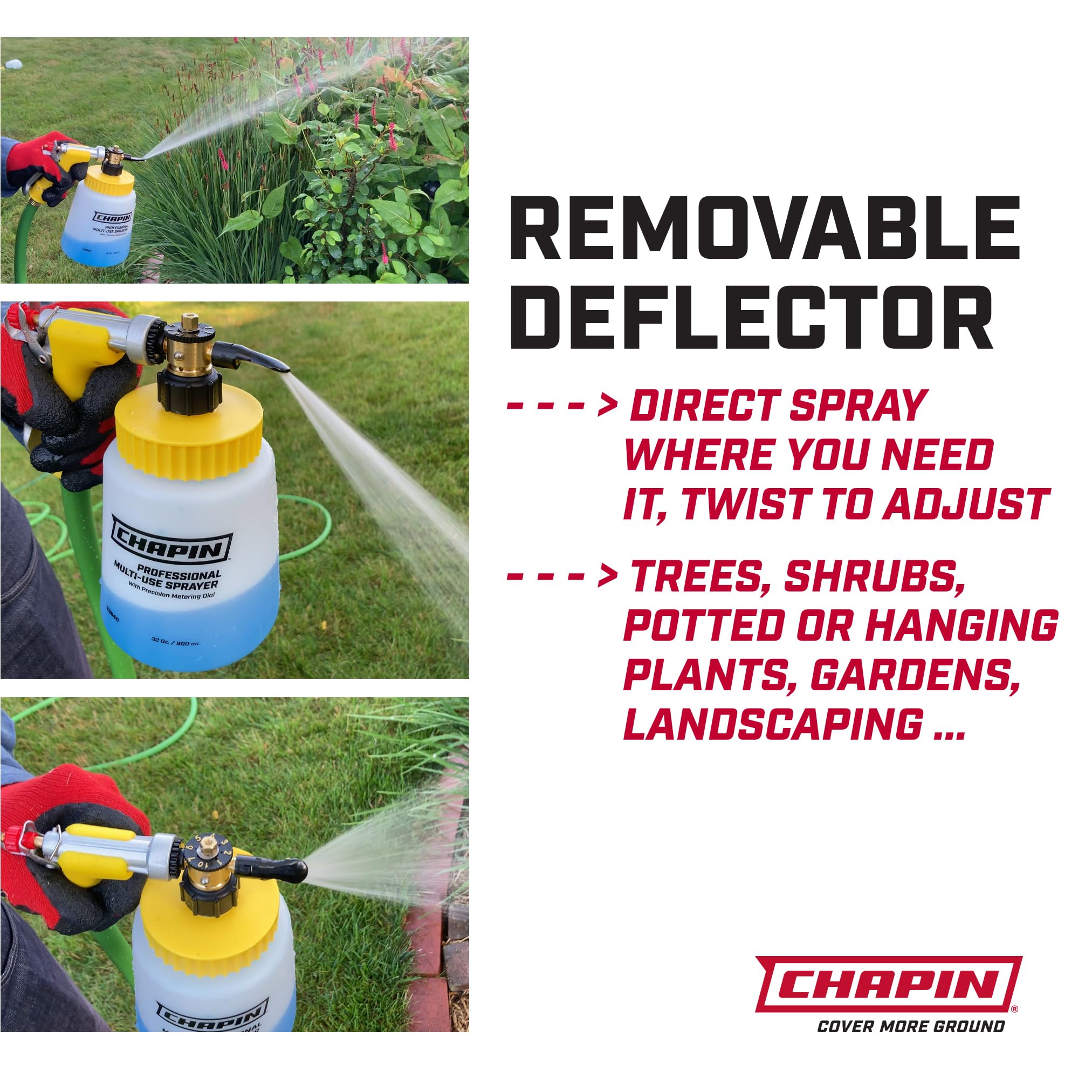 CHAPIN sprayer beside garden hose to show scale and easy hose connection advantage