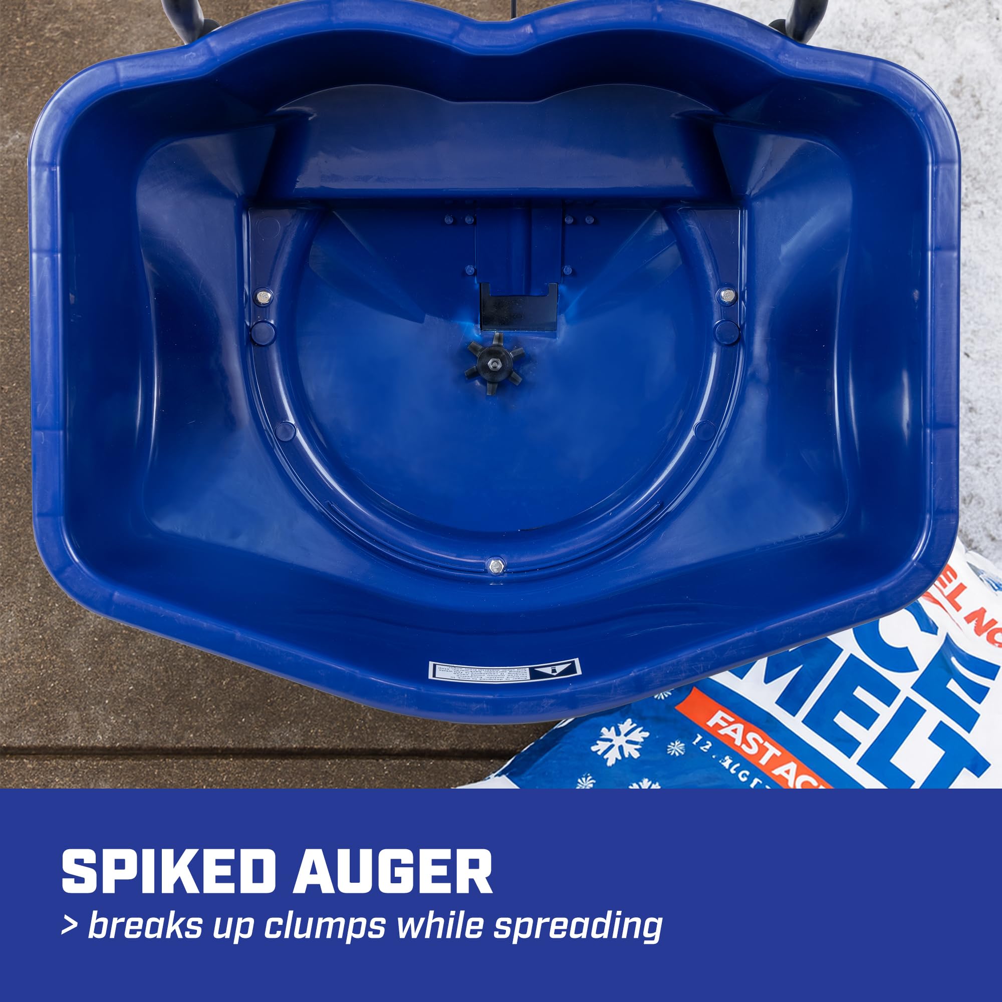 CHAPIN spreader next to standard 50 lb salt bag showing 80 lb capacity advantage